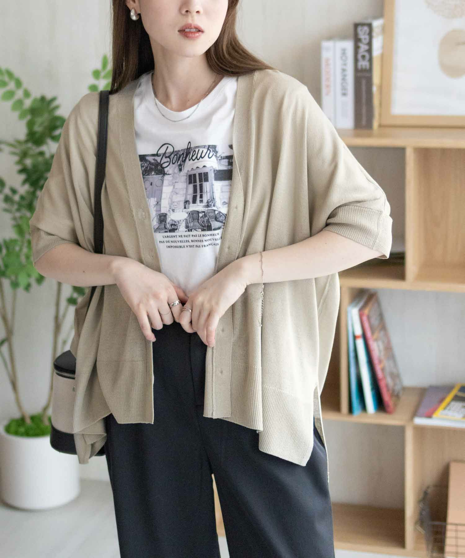 nAvy ポンチョシルエット5分袖Vネックカーディガン レディース