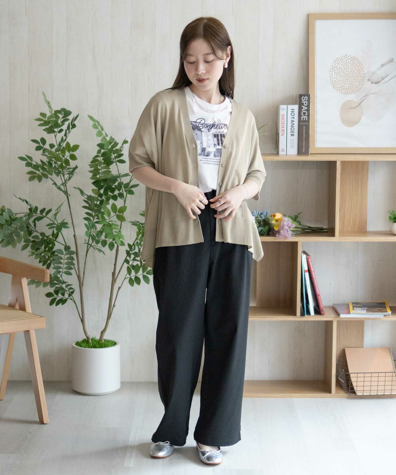 nAvy ポンチョシルエット5分袖Vネックカーディガン レディース