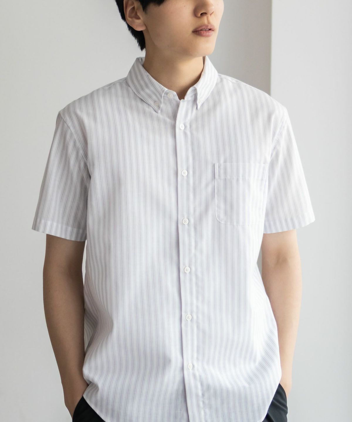 NAVY COOLMAX リネン混ボタンダウン半袖シャツ メンズ