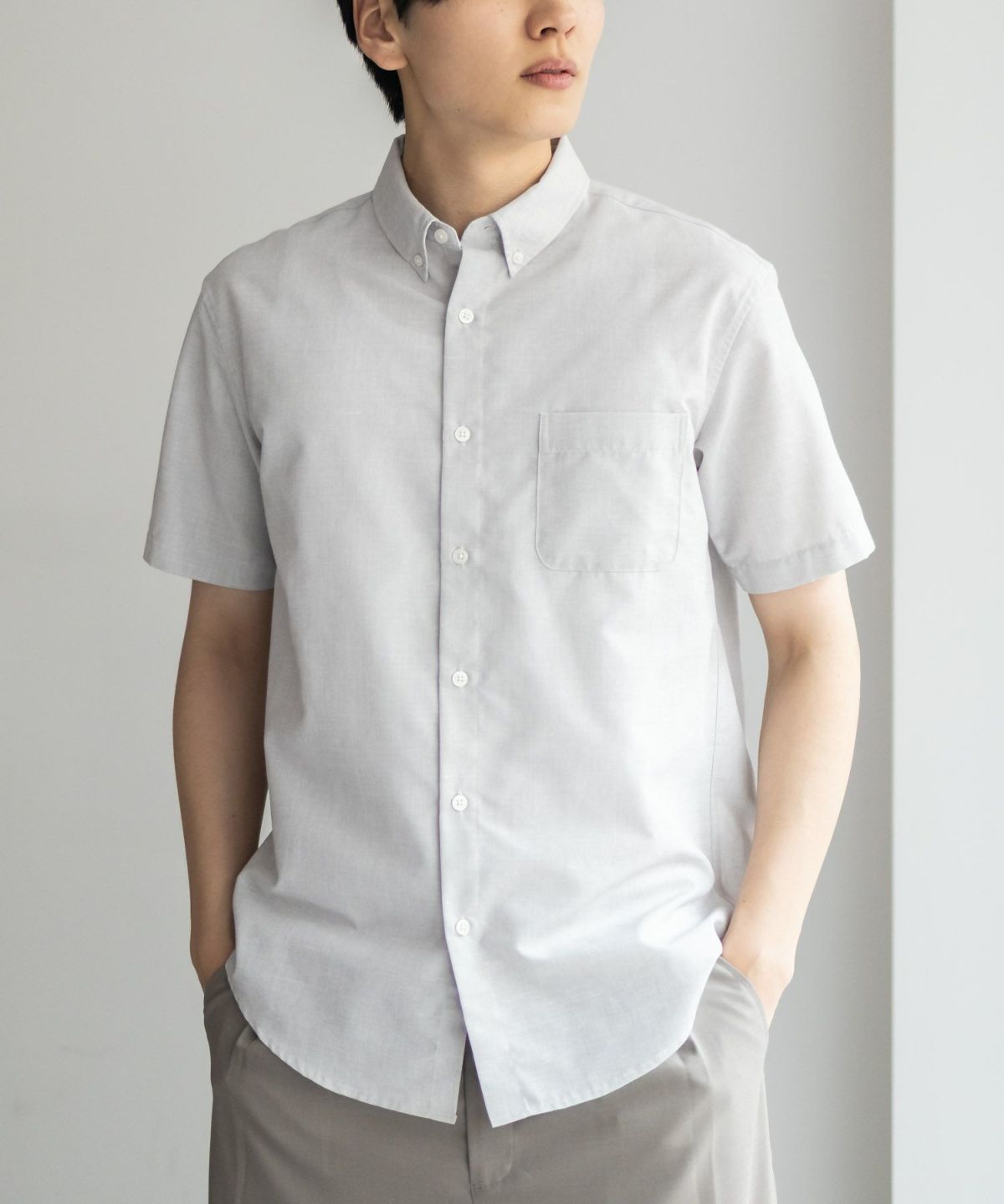 NAVY COOLMAX リネン混ボタンダウン半袖シャツ メンズ