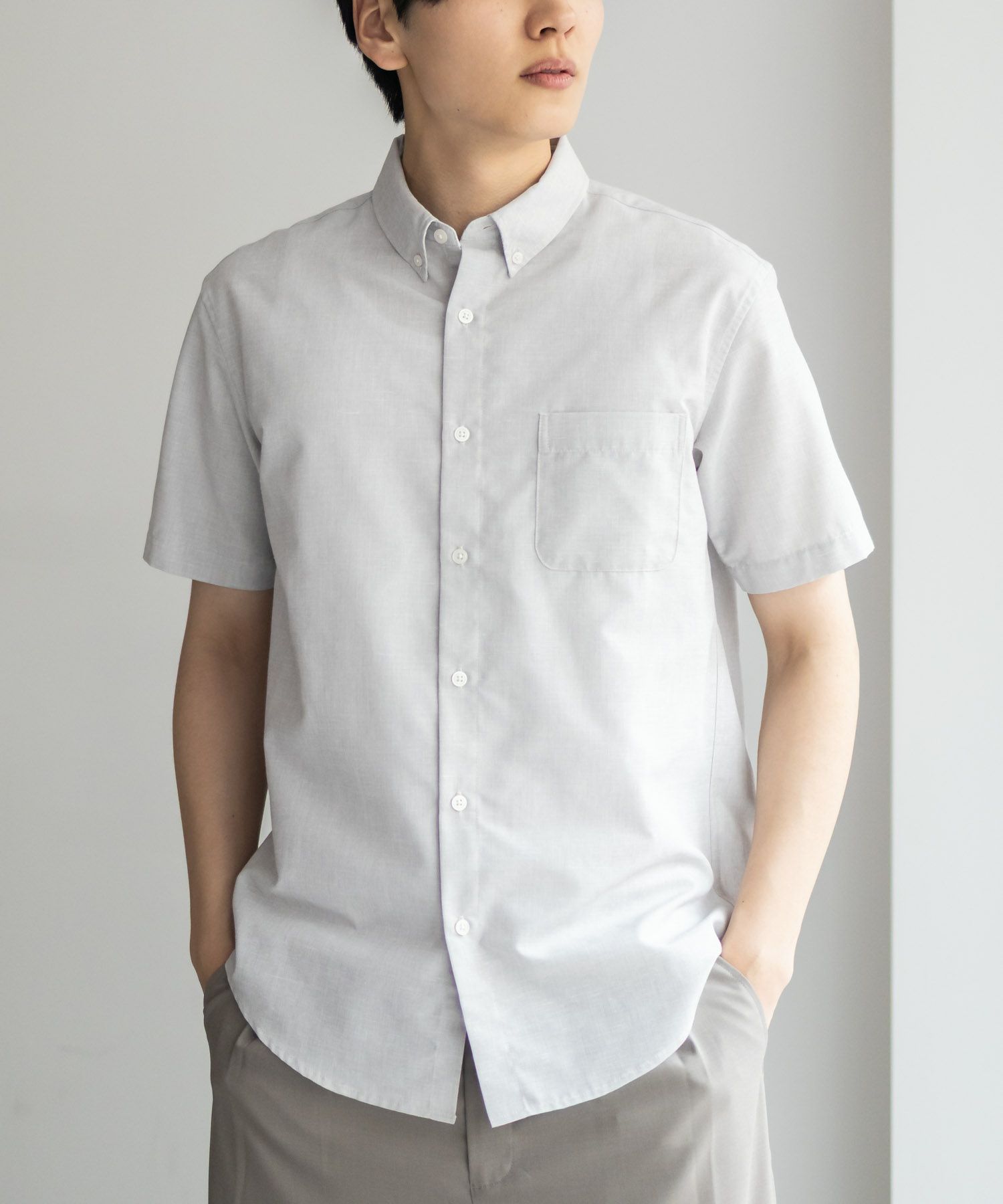 NAVY COOLMAX リネン混ボタンダウン半袖シャツ メンズ