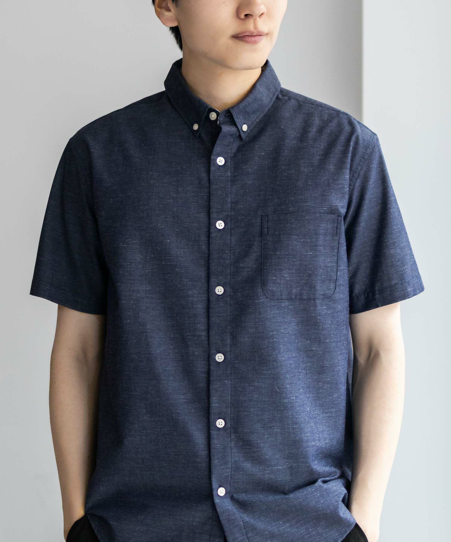 NAVY COOLMAX リネン混ボタンダウン半袖シャツ メンズ