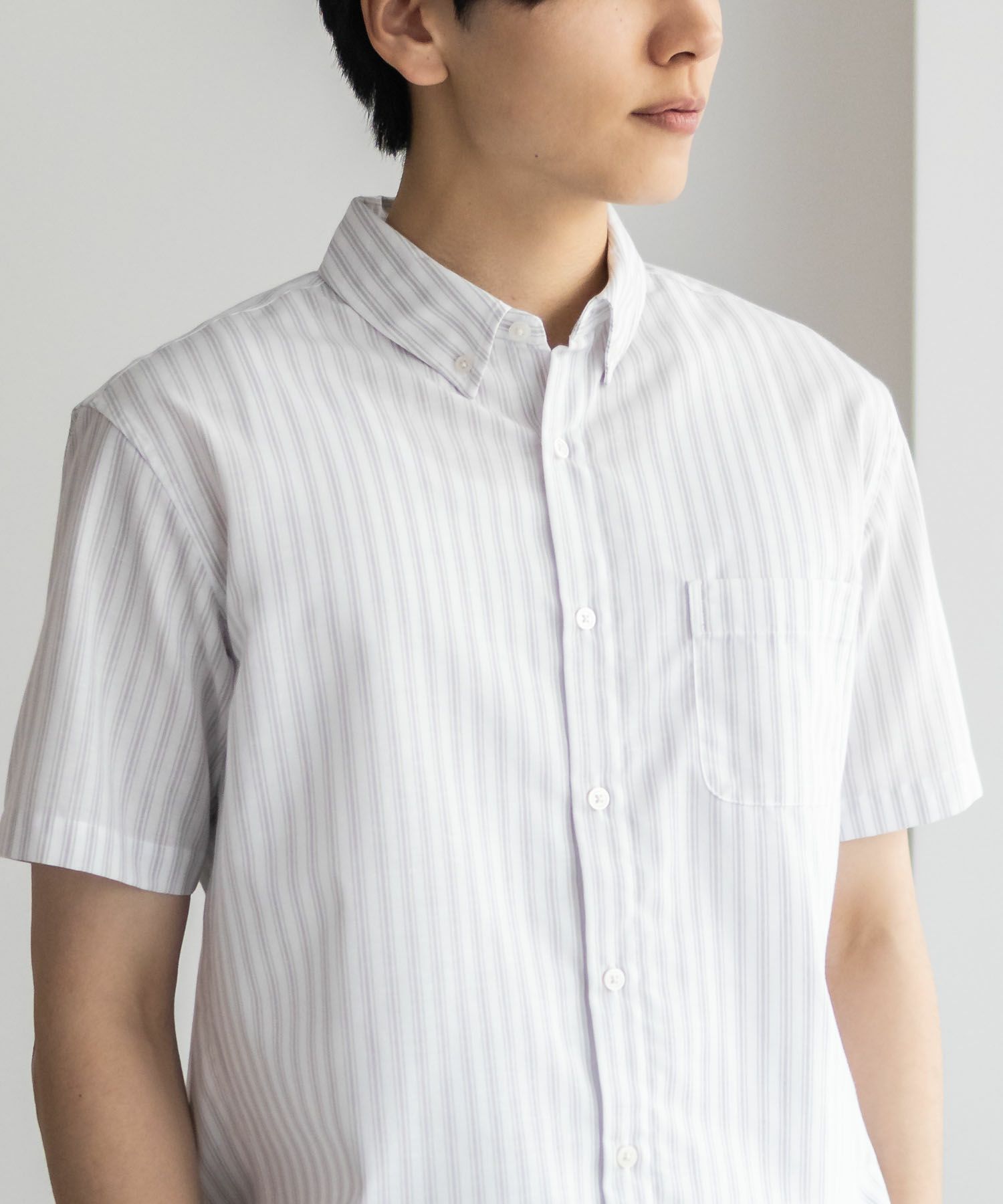 NAVY COOLMAX リネン混ボタンダウン半袖シャツ メンズ