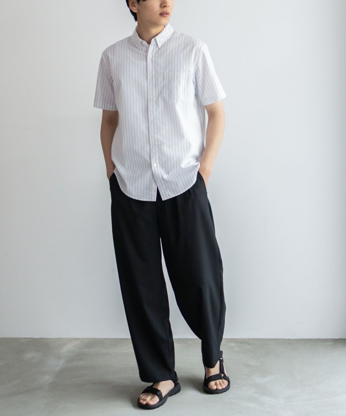 NAVY COOLMAX リネン混ボタンダウン半袖シャツ メンズ