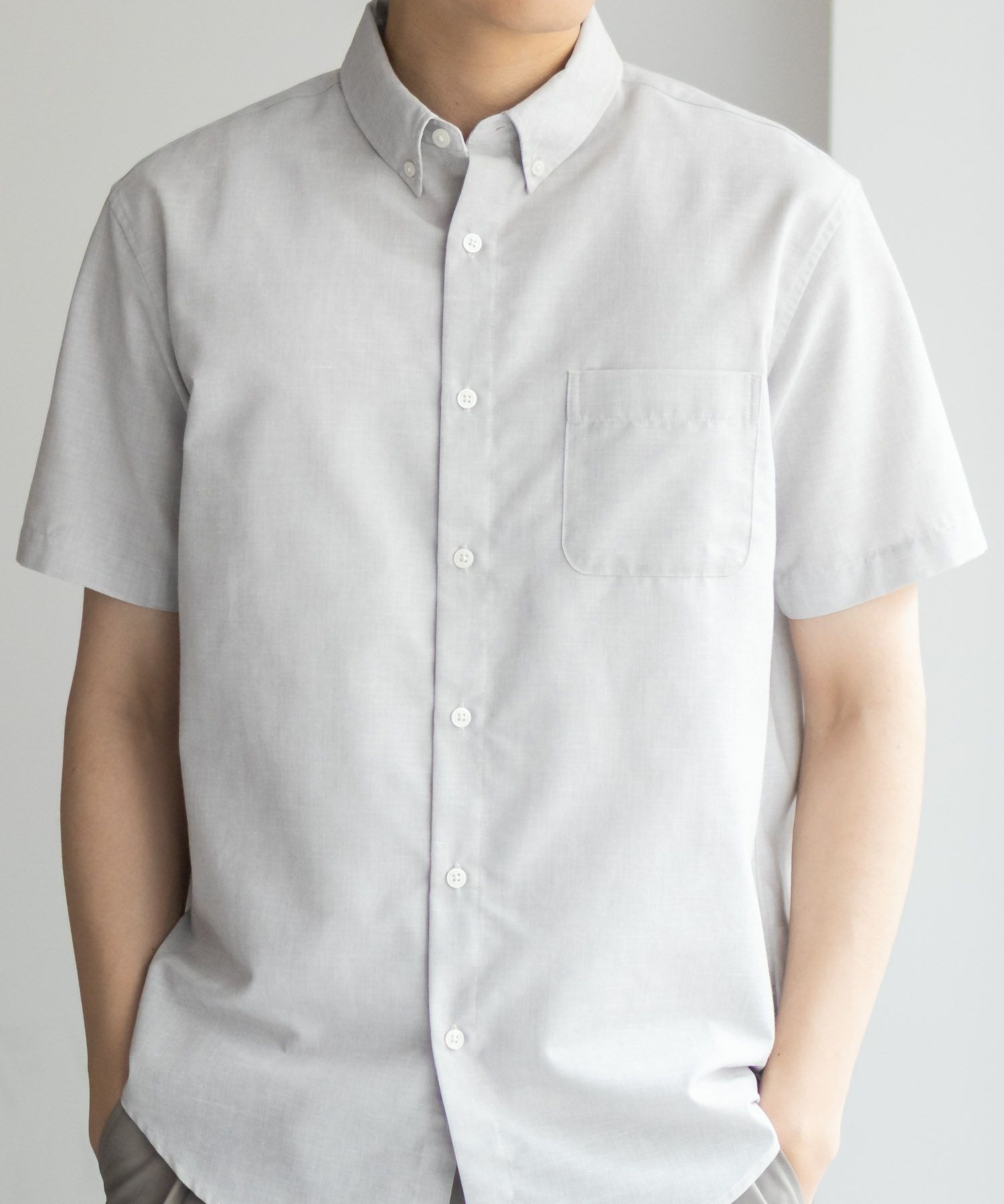 NAVY COOLMAX リネン混ボタンダウン半袖シャツ メンズ