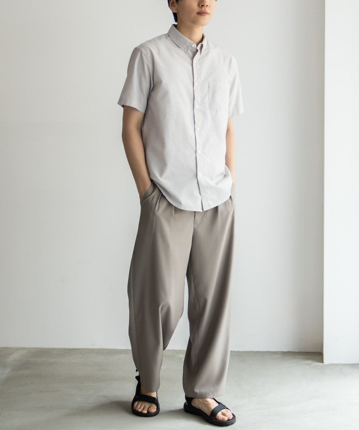 NAVY COOLMAX リネン混ボタンダウン半袖シャツ メンズ