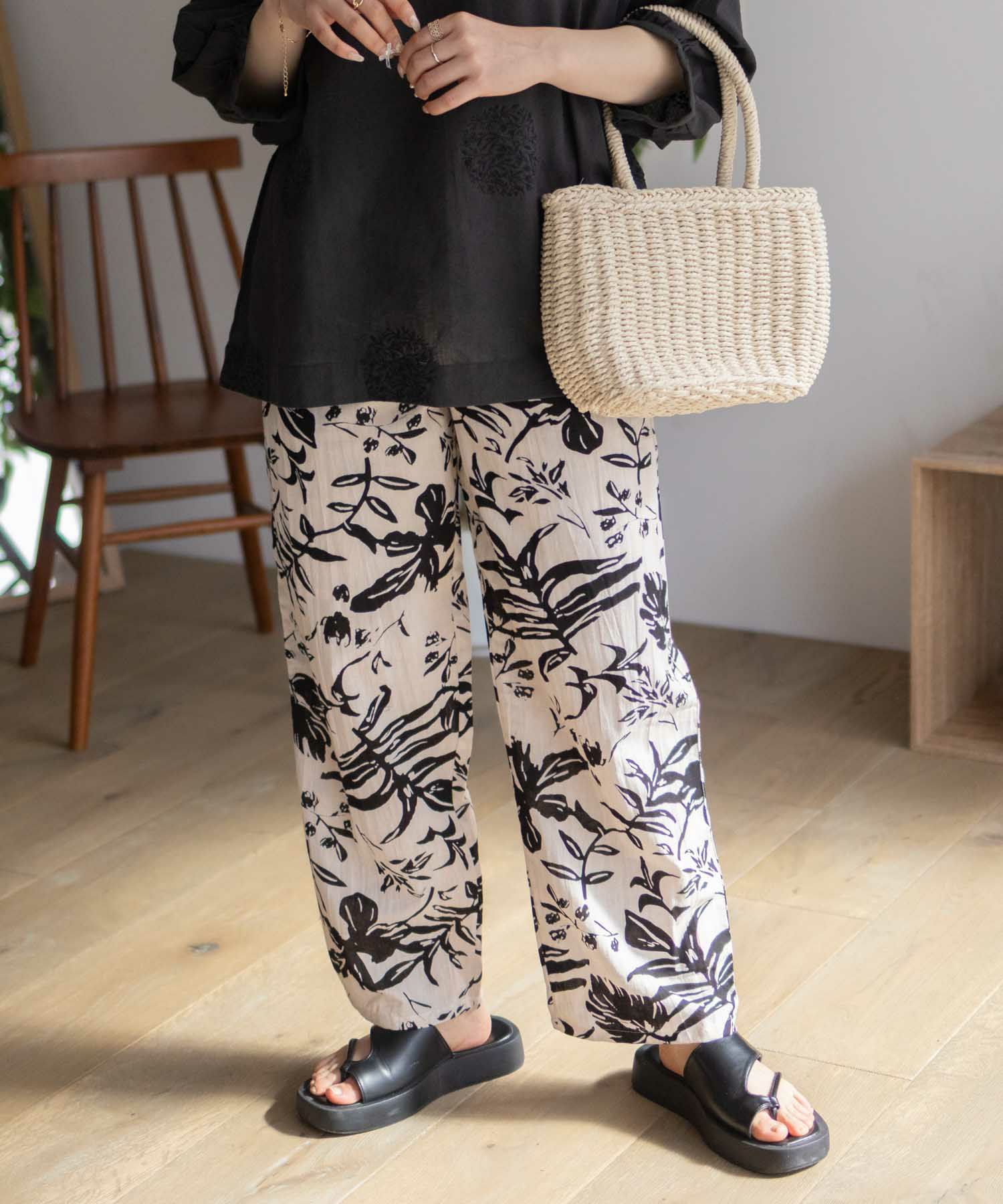 Howdy Marie インドファブリック 綿麻ワイドパンツ レディース