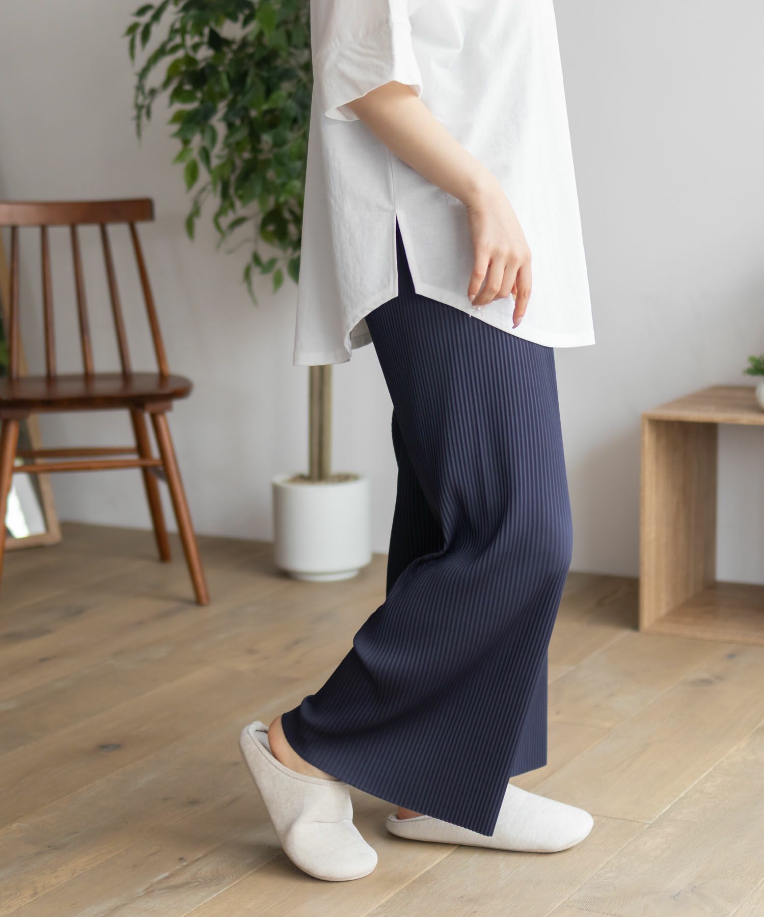 NAVY  ハピ楽 セルフカットプリーツパンツ レディース商品画像-3