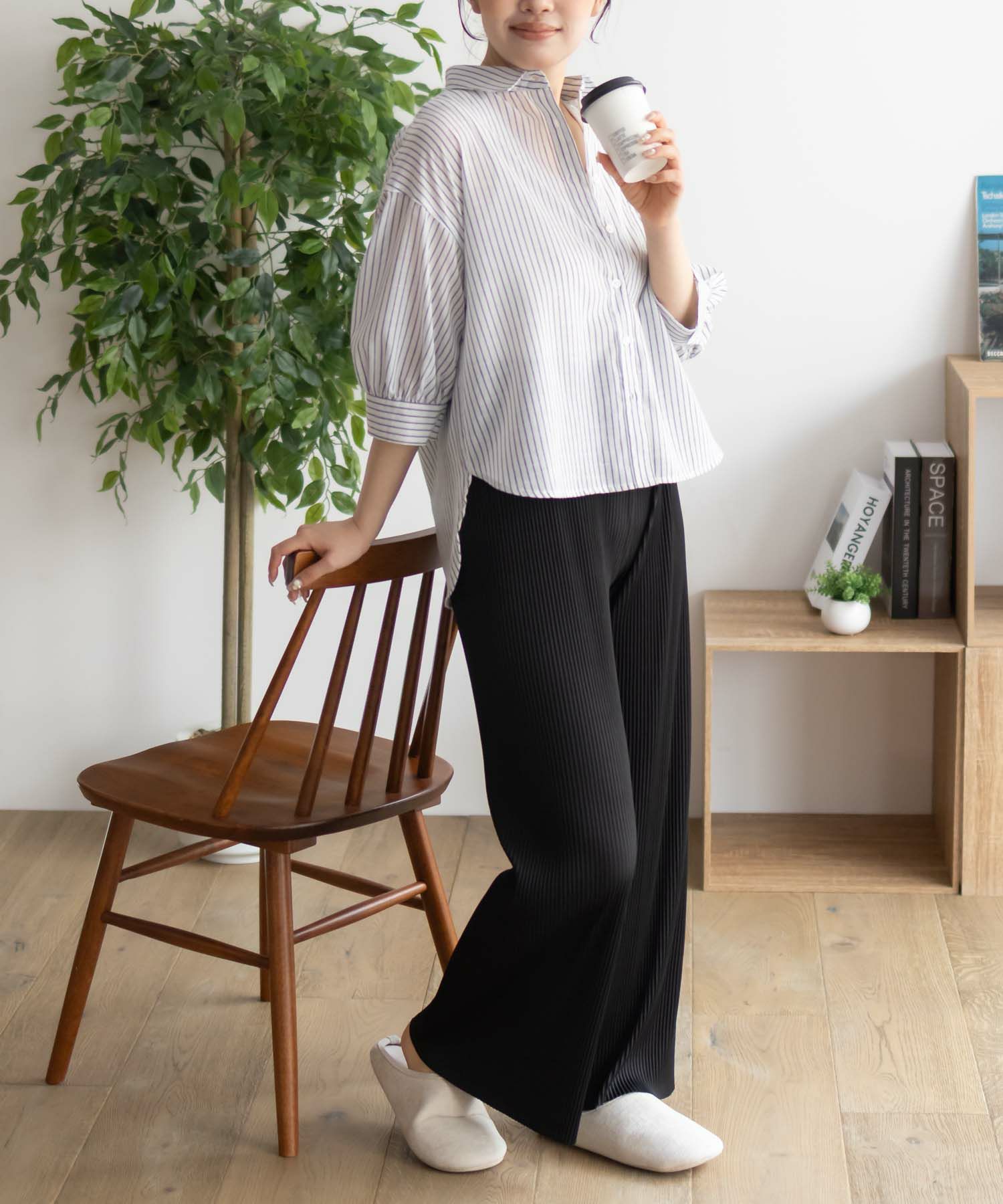 NAVY  ハピ楽 セルフカットプリーツパンツ レディース商品画像-13