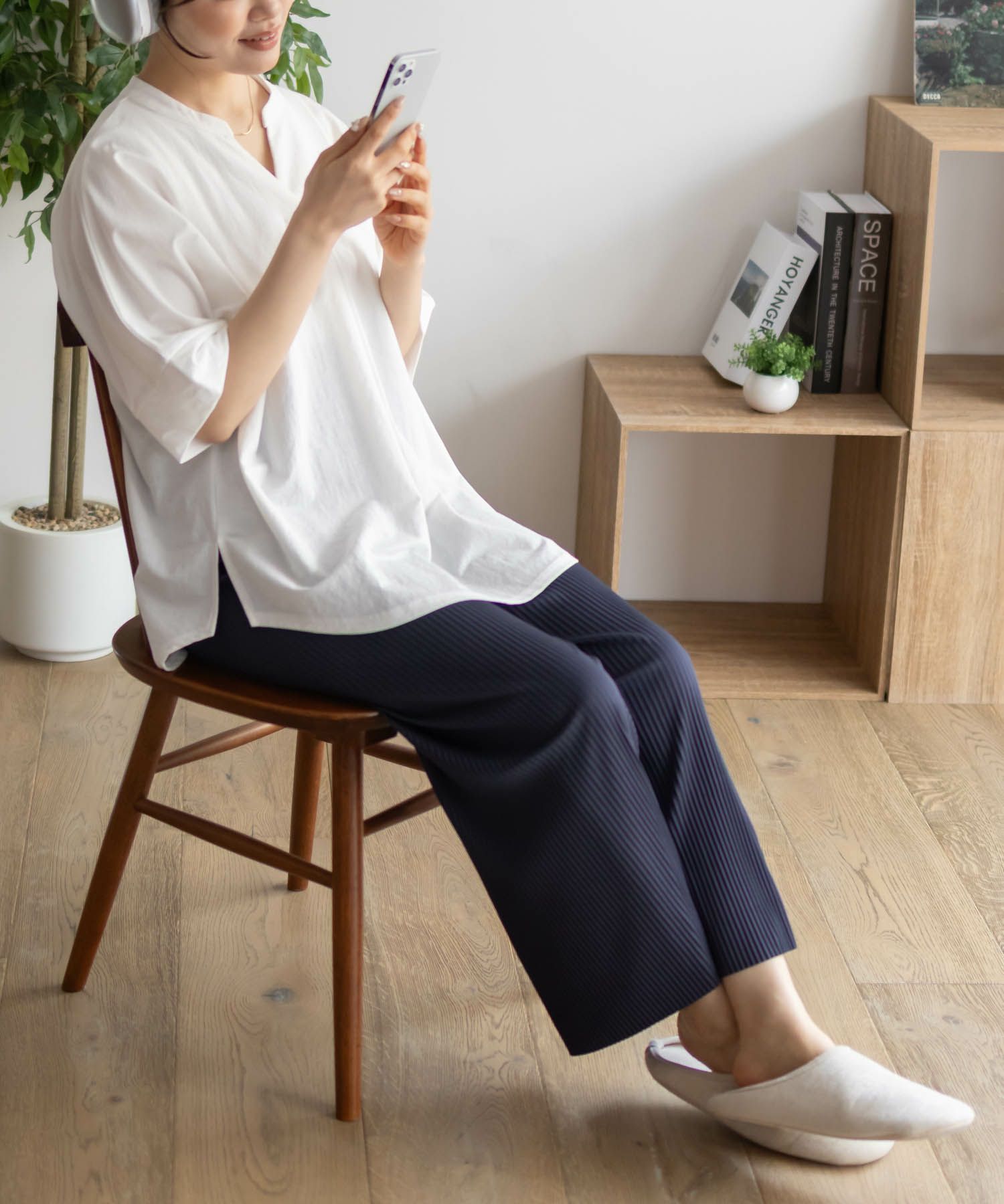 NAVY  ハピ楽 セルフカットプリーツパンツ レディース商品画像-18