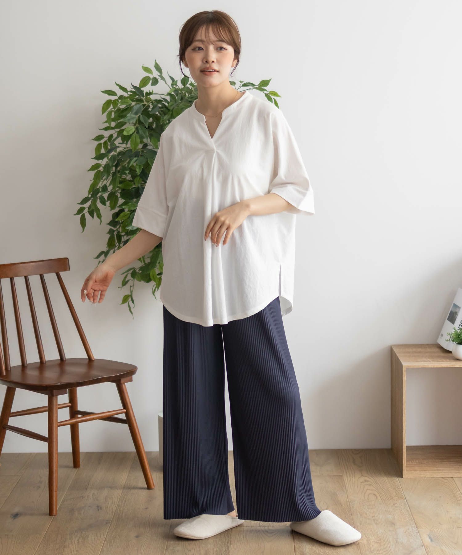 NAVY  ハピ楽 セルフカットプリーツパンツ レディース商品画像-37