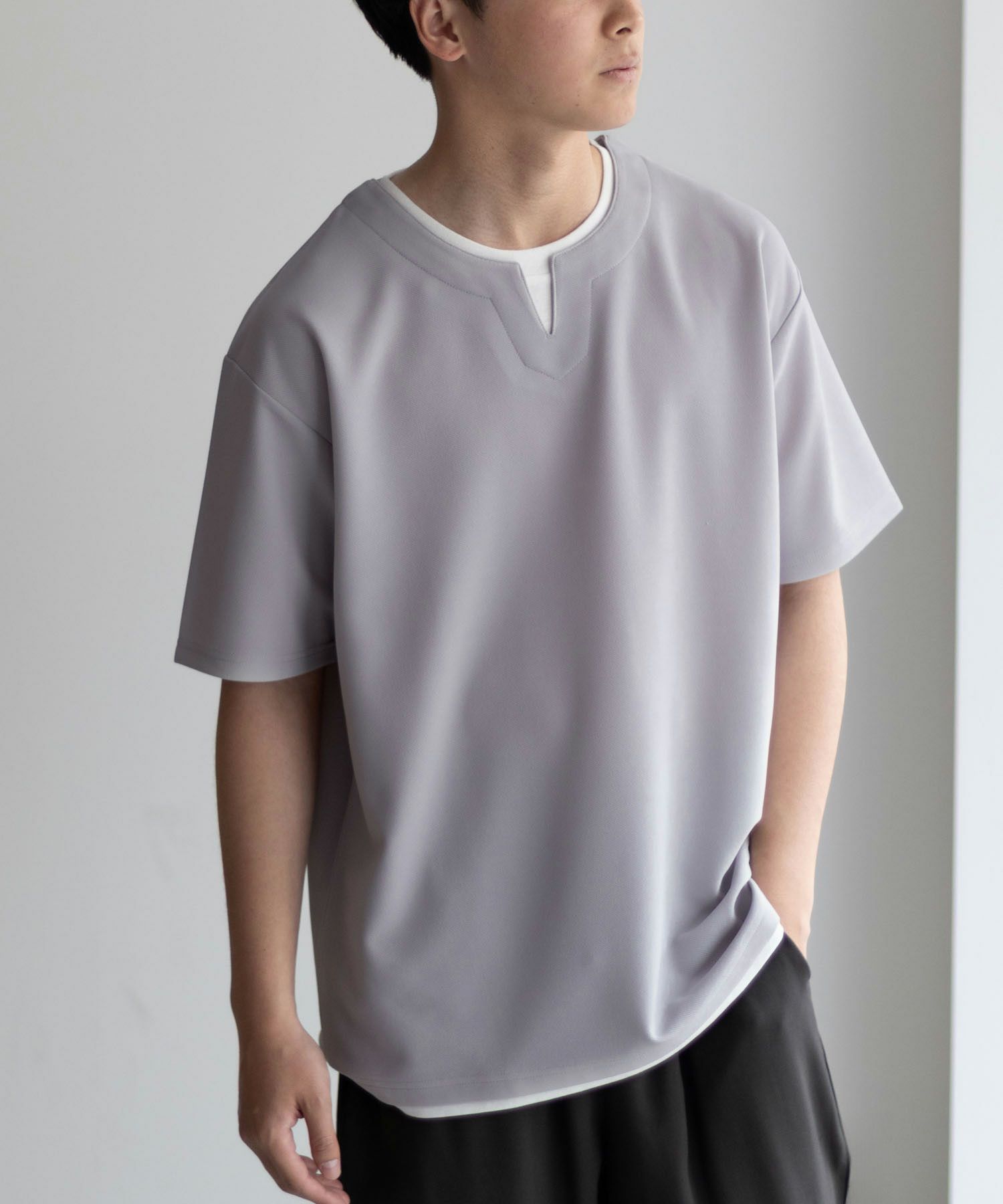 NAVY SARARI 接触冷感 キーネックフェイクレイヤードTシャツ メンズ ネコポス 対応商品