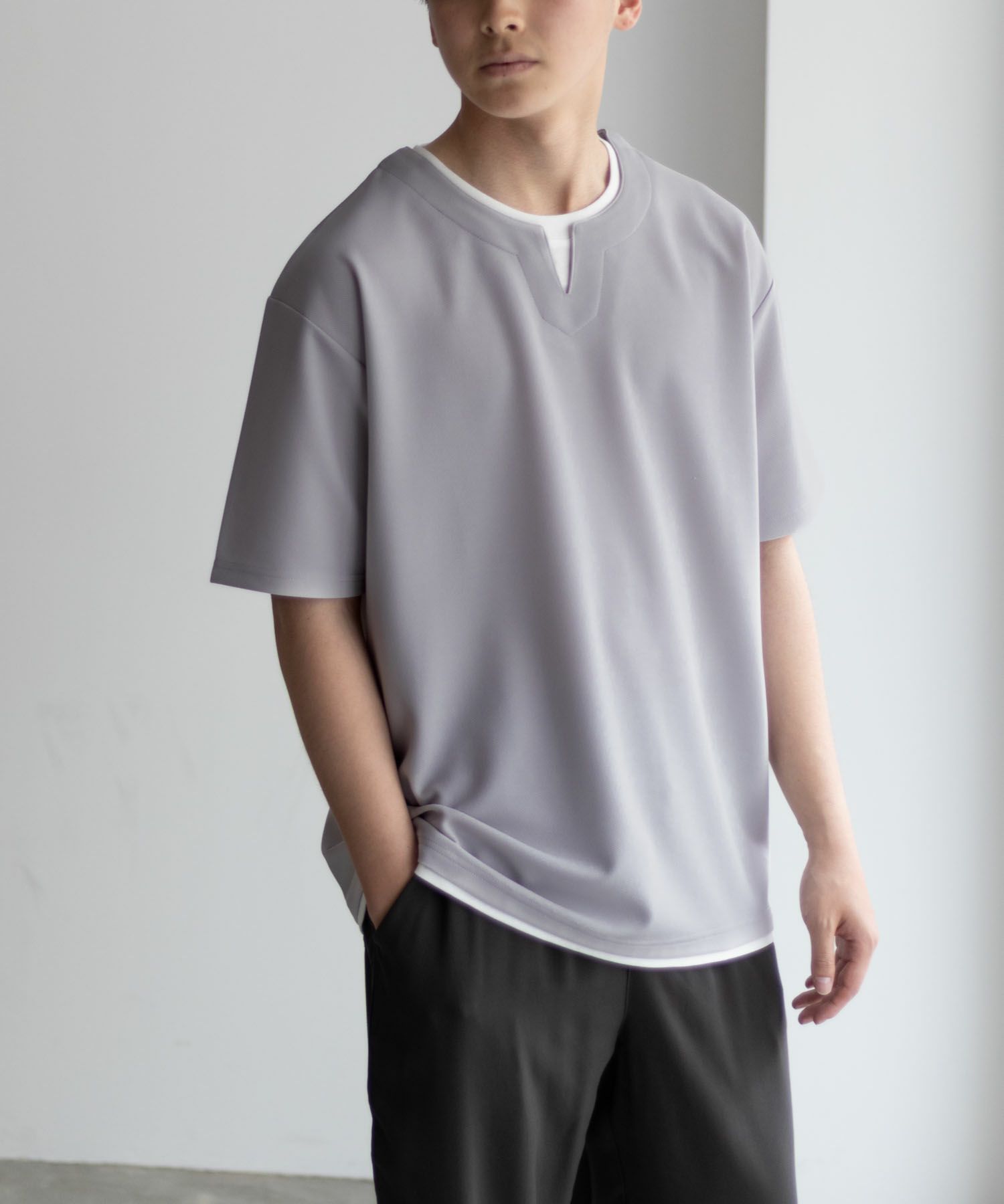 NAVY SARARI 接触冷感 キーネックフェイクレイヤードTシャツ メンズ メール便 対応商品商品サムネイル-8