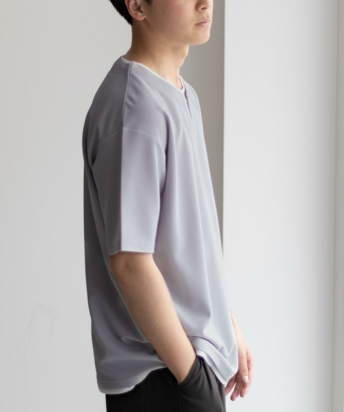 NAVY SARARI 接触冷感 キーネックフェイクレイヤードTシャツ メンズ ネコポス 対応商品