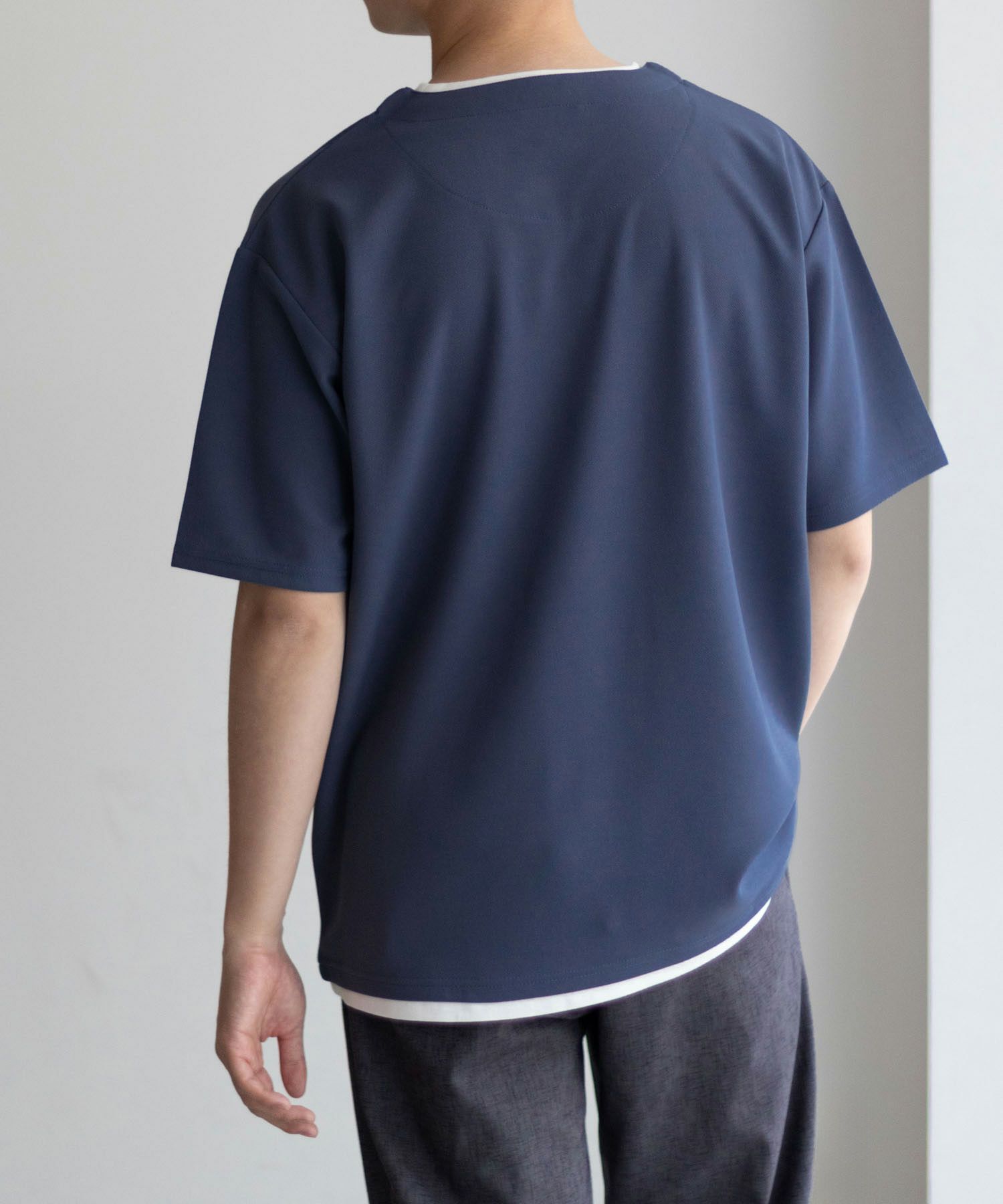 NAVY SARARI 接触冷感 キーネックフェイクレイヤードTシャツ メンズ ネコポス 対応商品