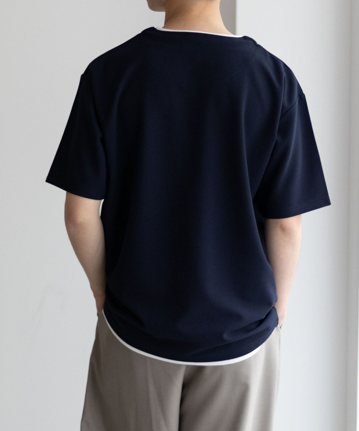 NAVY SARARI 接触冷感 キーネックフェイクレイヤードTシャツ メンズ ネコポス 対応商品