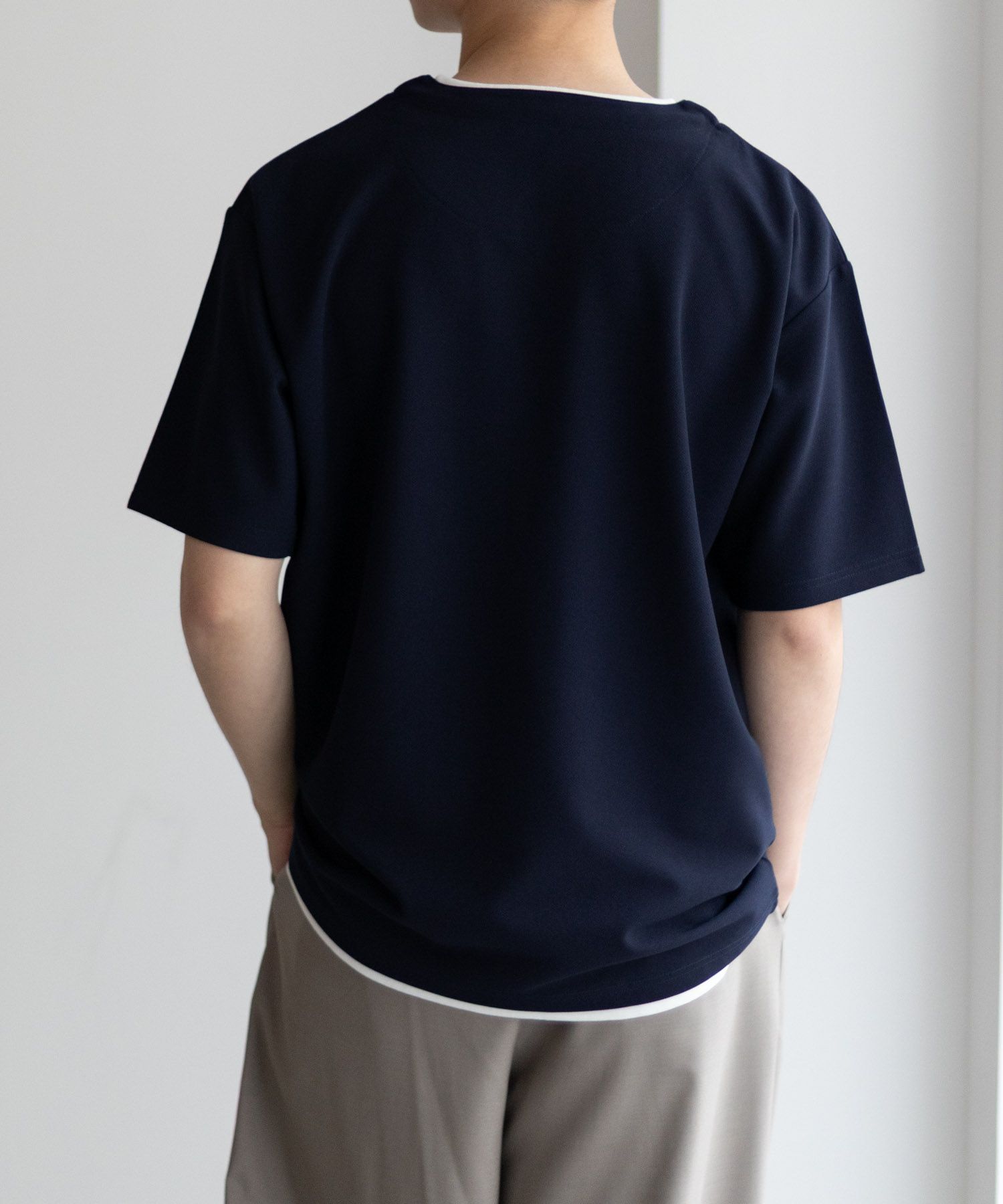 NAVY SARARI 接触冷感 キーネックフェイクレイヤードTシャツ メンズ ネコポス 対応商品