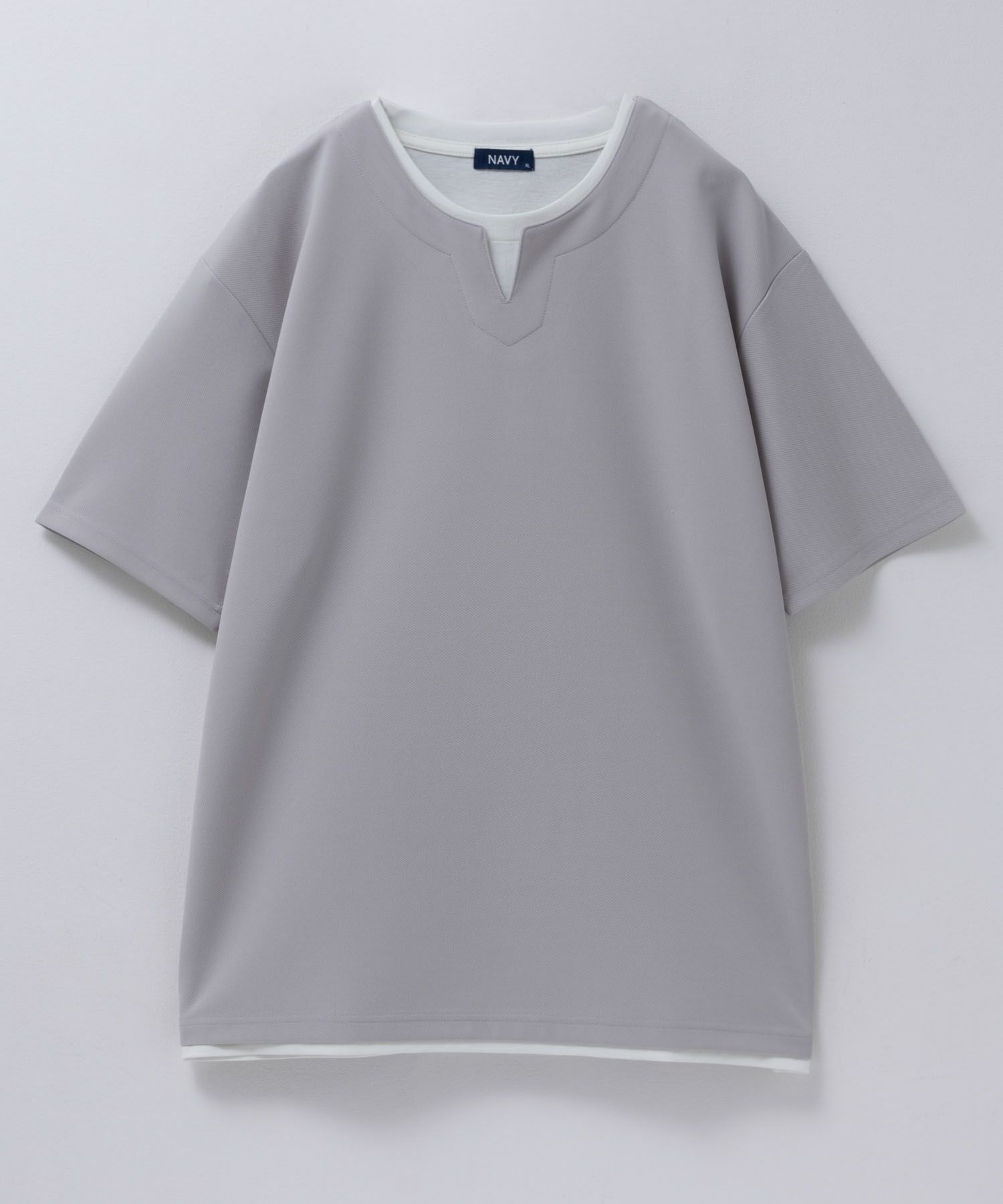 NAVY SARARI 接触冷感 キーネックフェイクレイヤードTシャツ メンズ ネコポス 対応商品