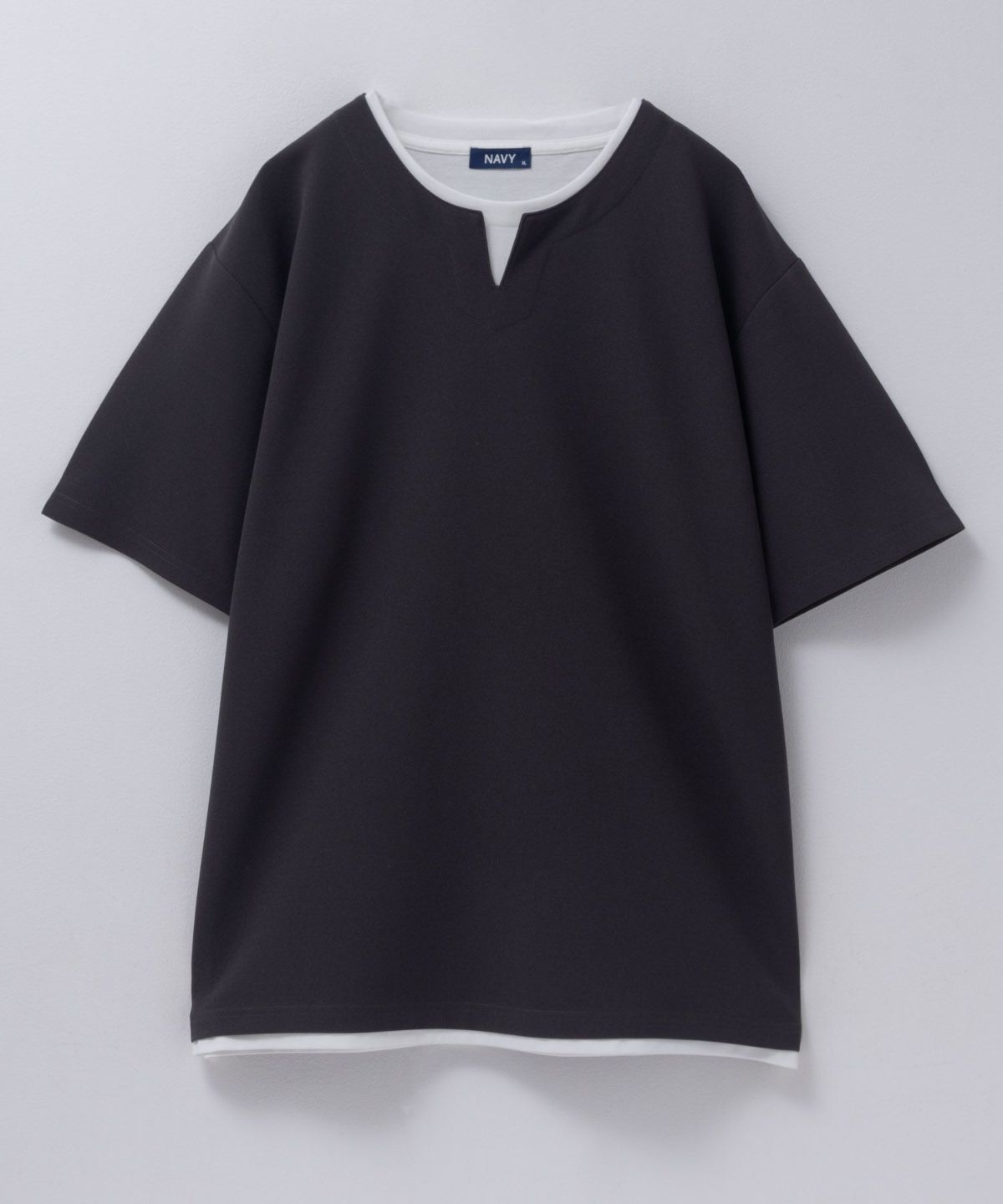 NAVY SARARI 接触冷感 キーネックフェイクレイヤードTシャツ メンズ ネコポス 対応商品