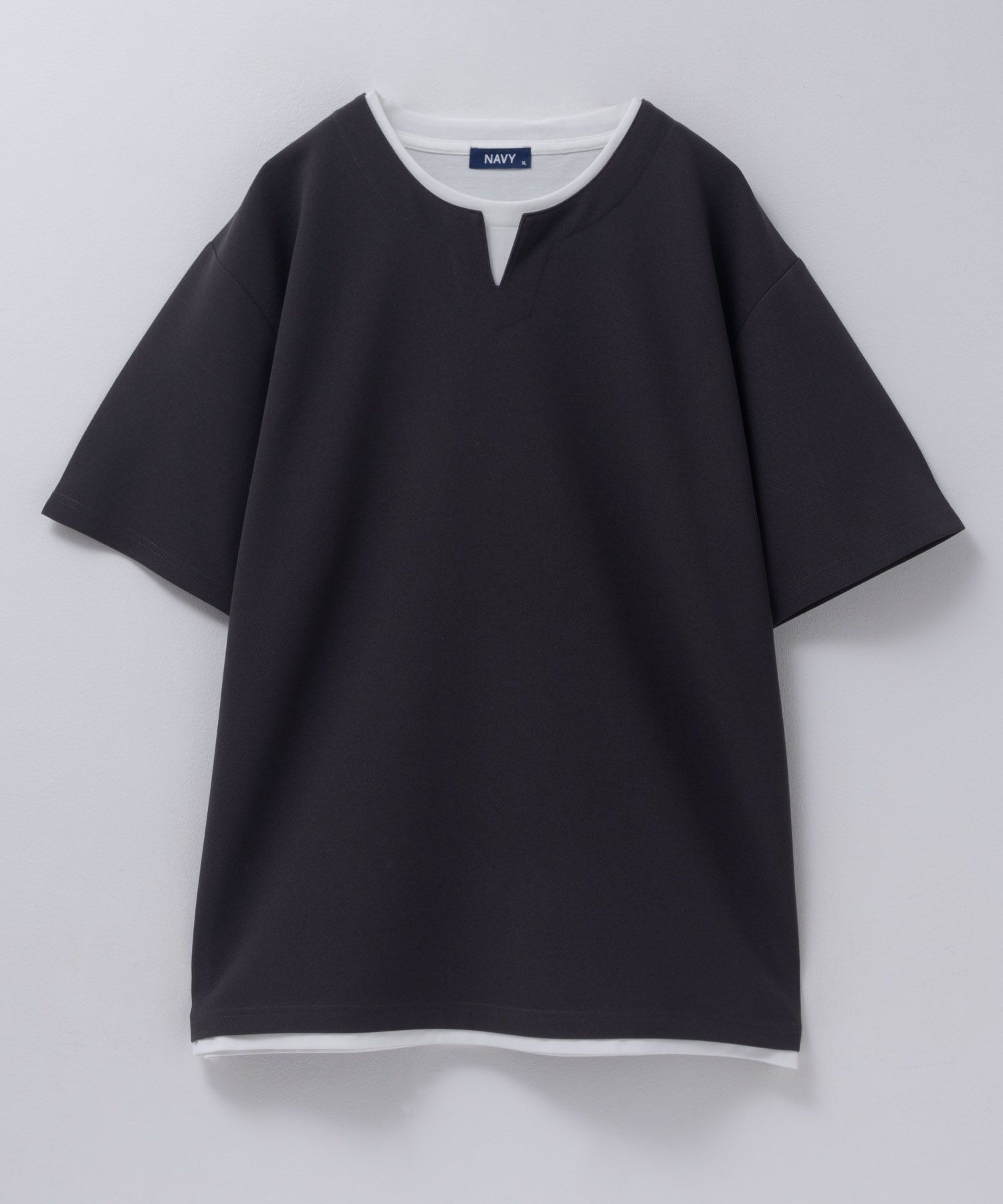 NAVY SARARI 接触冷感 キーネックフェイクレイヤードTシャツ メンズ ネコポス 対応商品