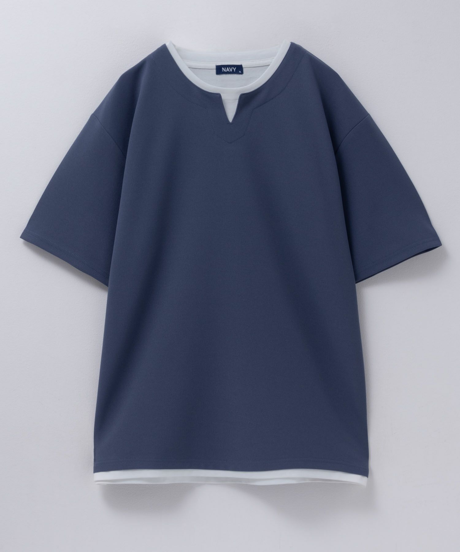 NAVY SARARI 接触冷感 キーネックフェイクレイヤードTシャツ メンズ ネコポス 対応商品