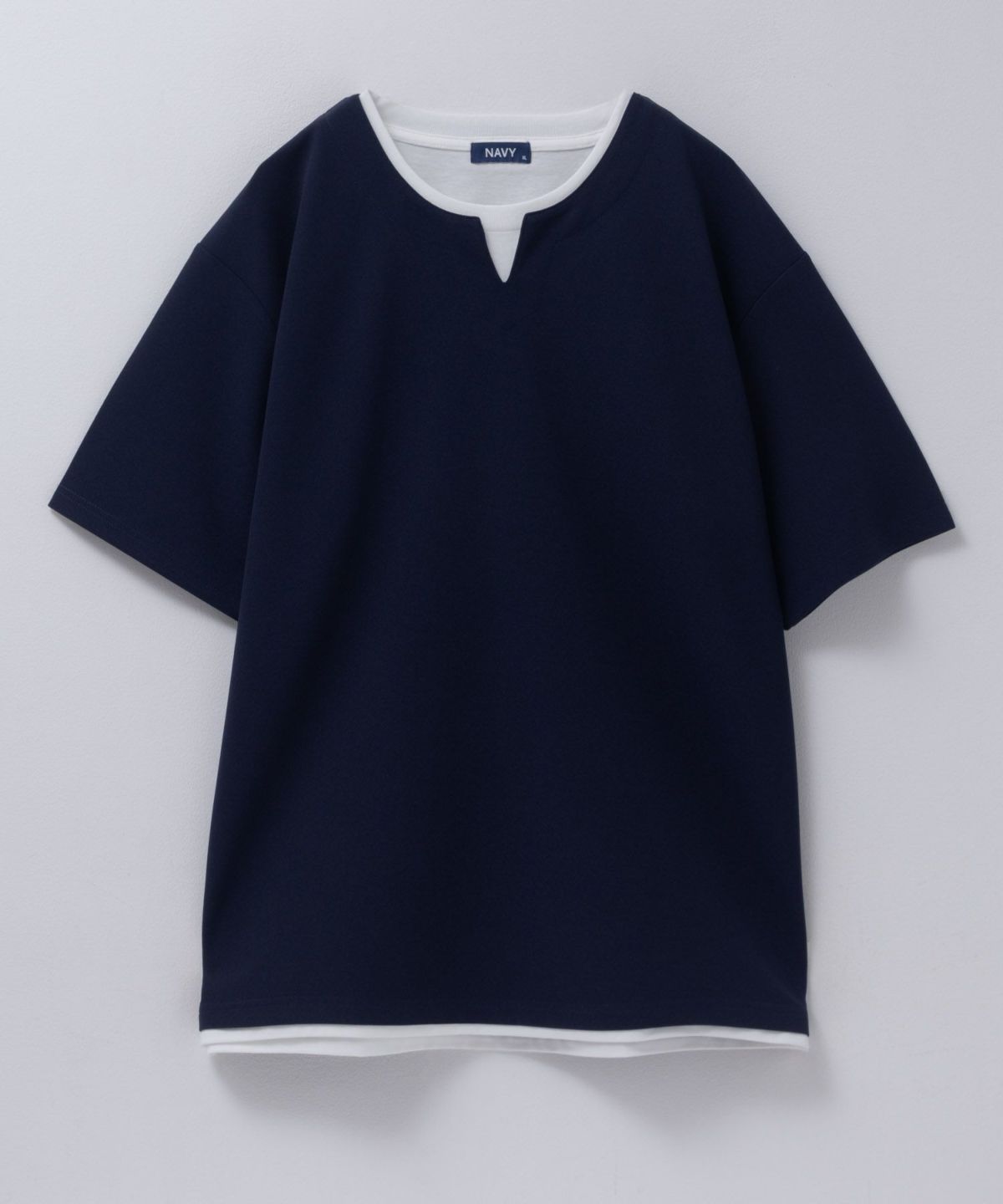 NAVY SARARI 接触冷感 キーネックフェイクレイヤードTシャツ メンズ ネコポス 対応商品