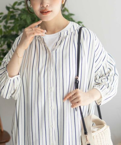 Howdy Marie  インドファブリック 7分袖バンドカラーチュニック レディース