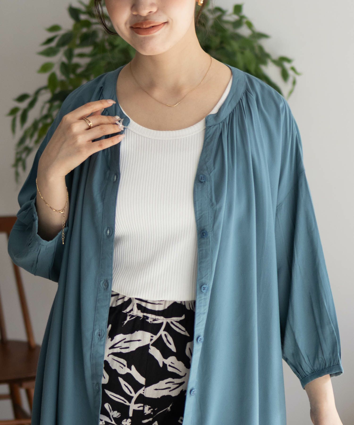 Howdy Marie インドファブリック 7分袖バンドカラーチュニック レディース