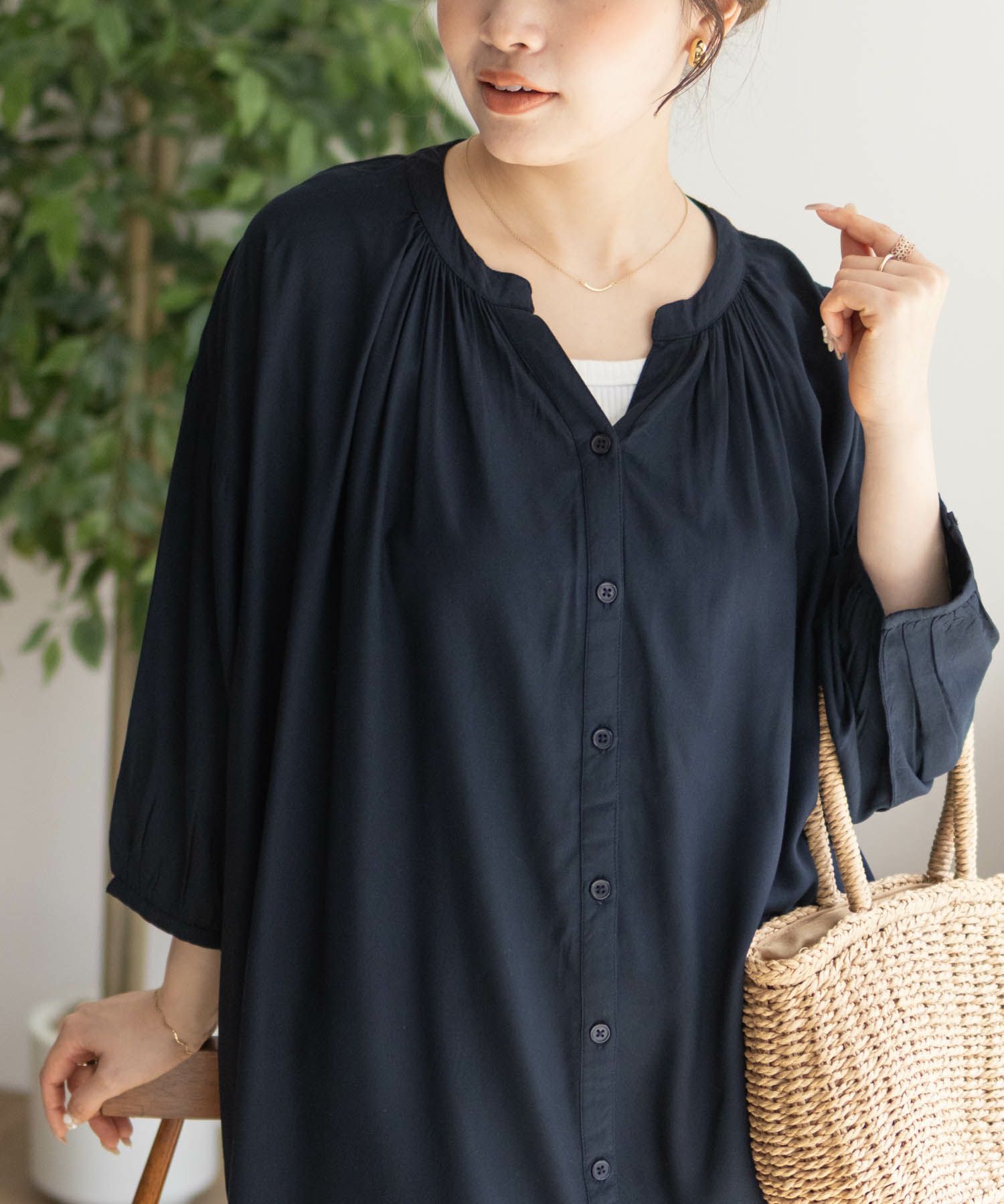 Howdy Marie  インドファブリック 7分袖バンドカラーチュニック レディース商品画像-3
