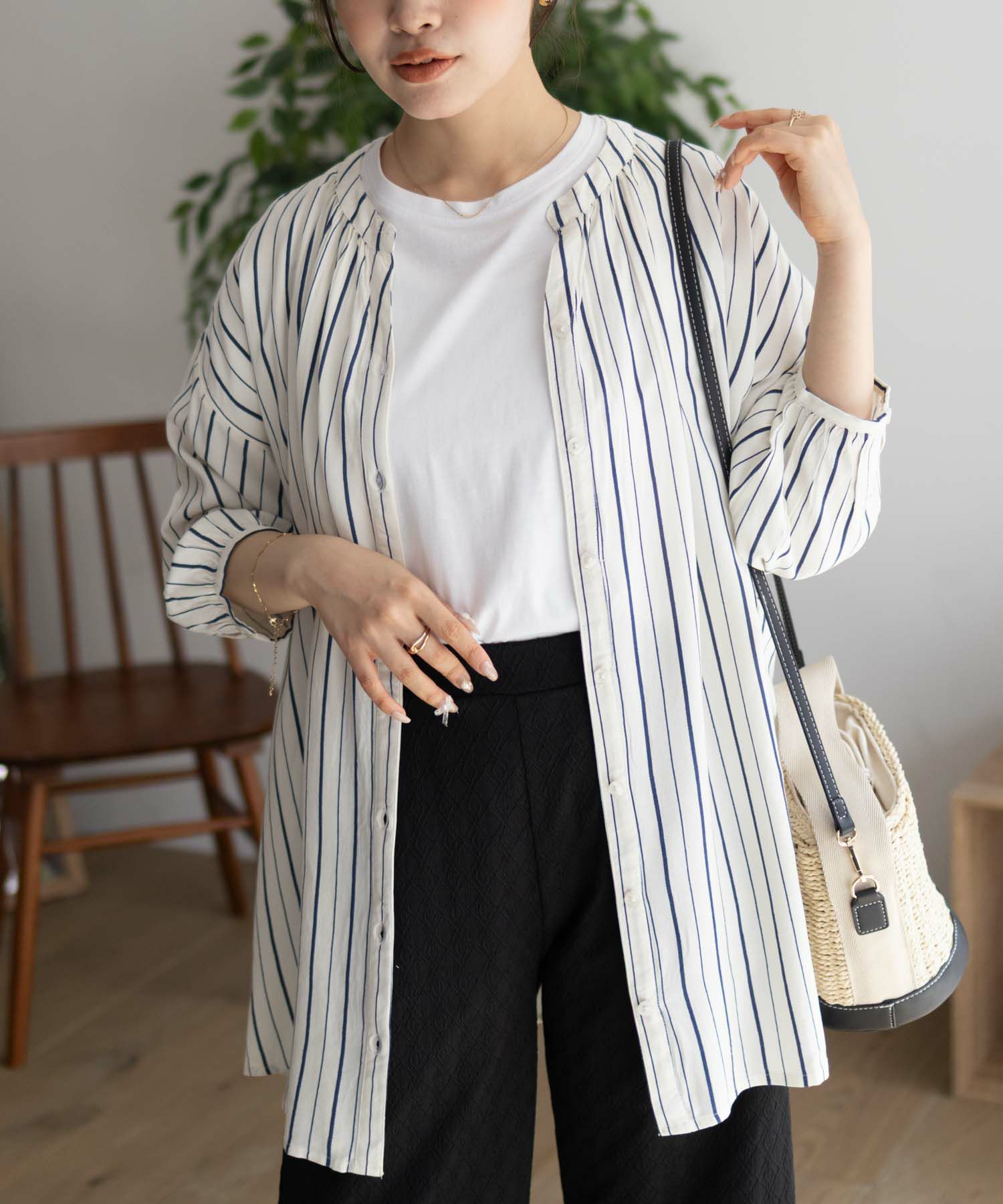 Howdy Marie  インドファブリック 7分袖バンドカラーチュニック レディース商品画像-6