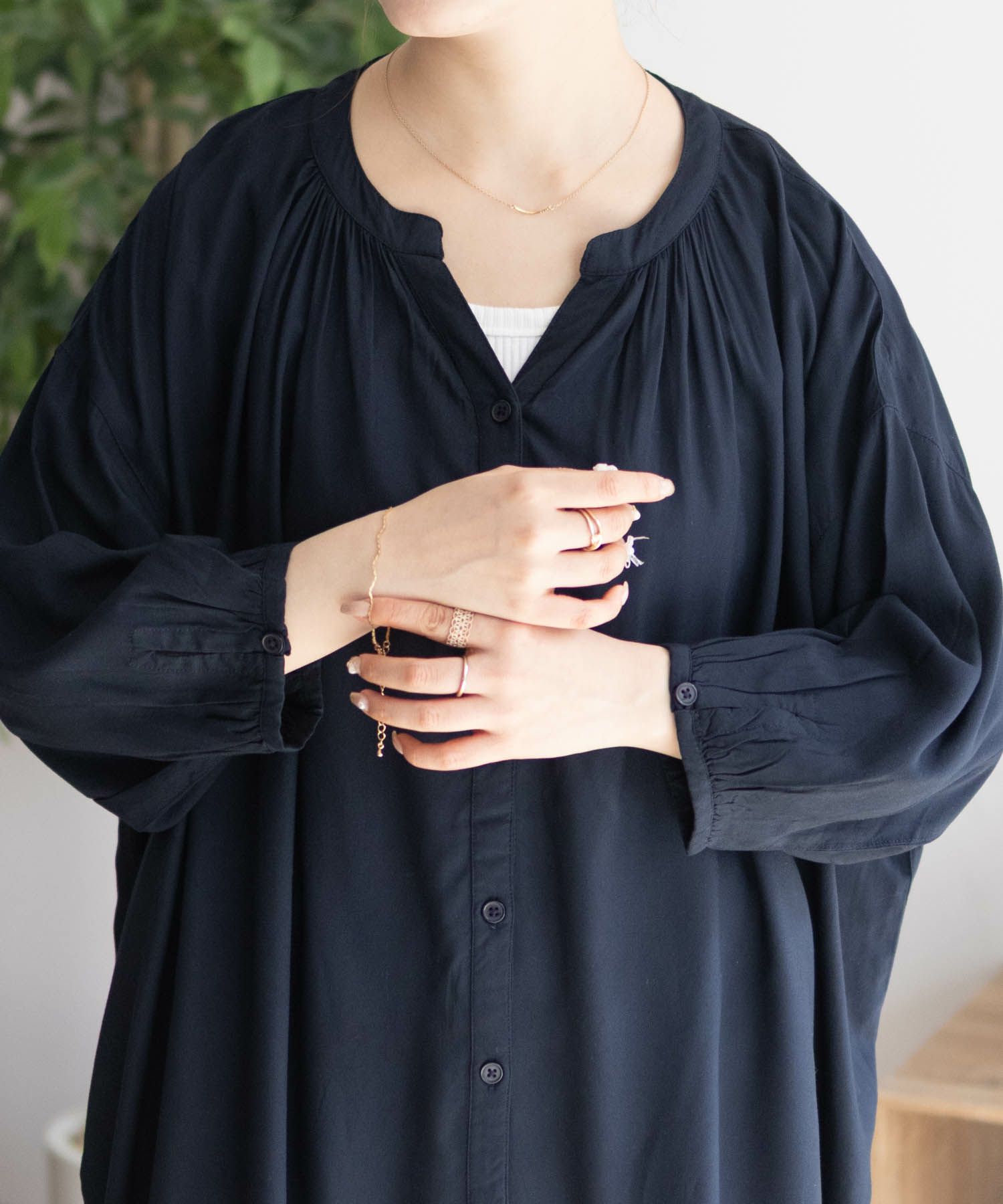 Howdy Marie インドファブリック 7分袖バンドカラーチュニック レディース