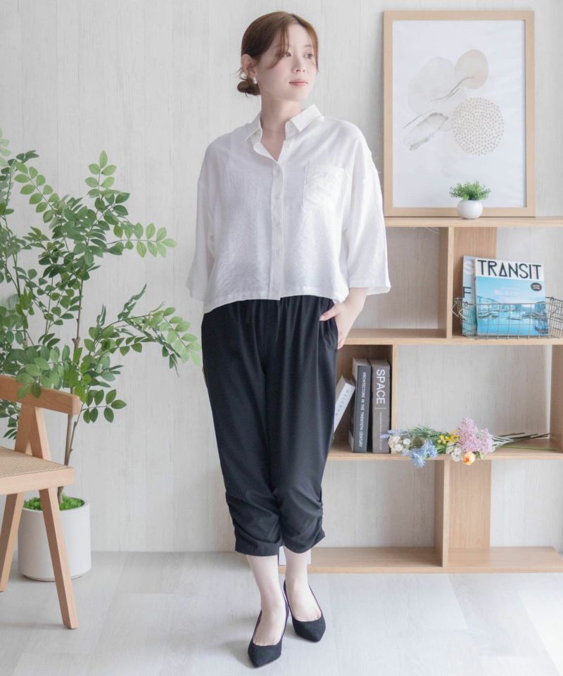 ボブ434新品mujiyaしっとり落ち感 裾シャーリングパンツ（WH) ロータス様専用434新品mujiya夢地哉 しっとり落ち感 裾