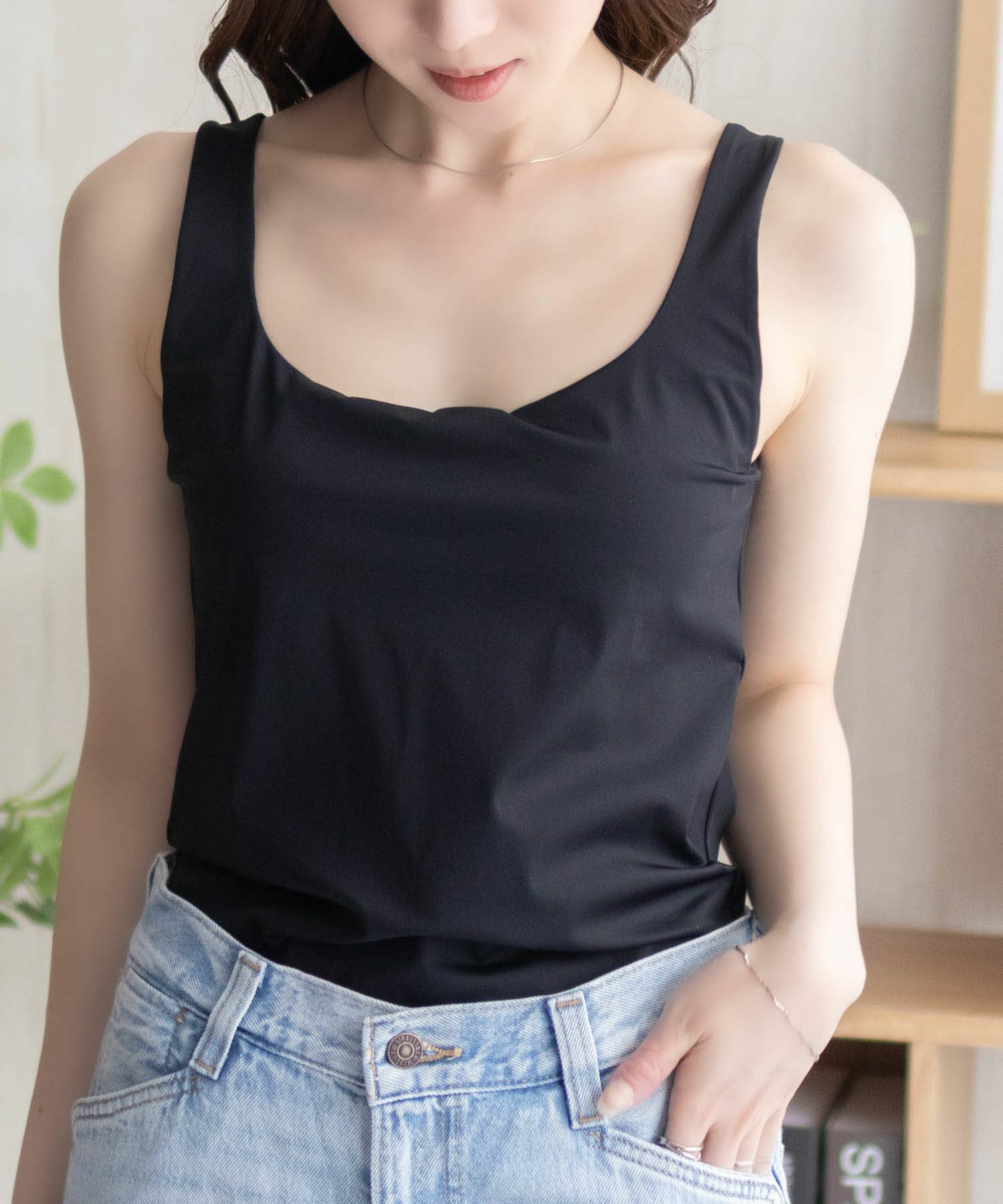 nAvy ハピ楽 カップ付きナイロンベア天スクエアタンクトップ レディース