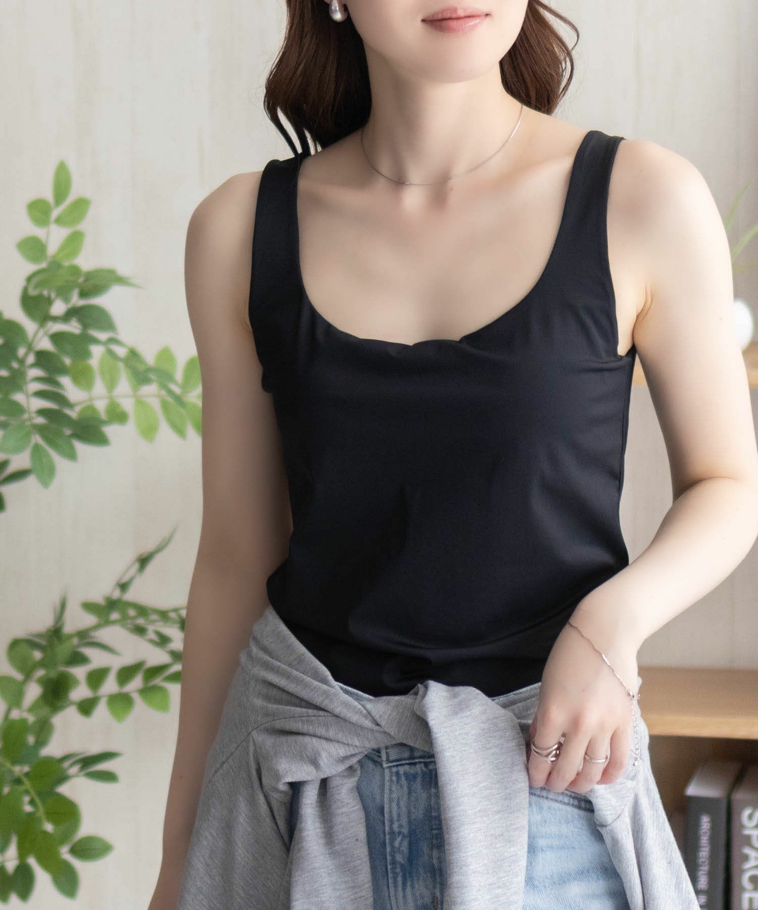 nAvy  ハピ楽 カップ付きナイロンベア天スクエアタンクトップ レディース商品画像-13