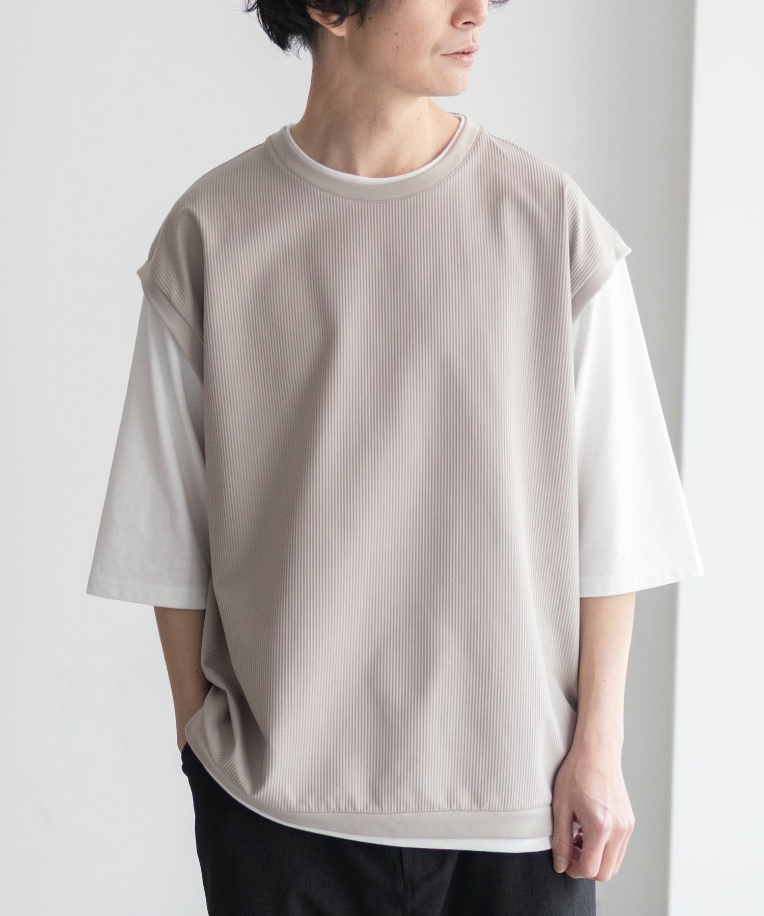 URBAN COLLECTION  カットサッカーベストレイヤードTシャツ メンズ商品サムネイル-1