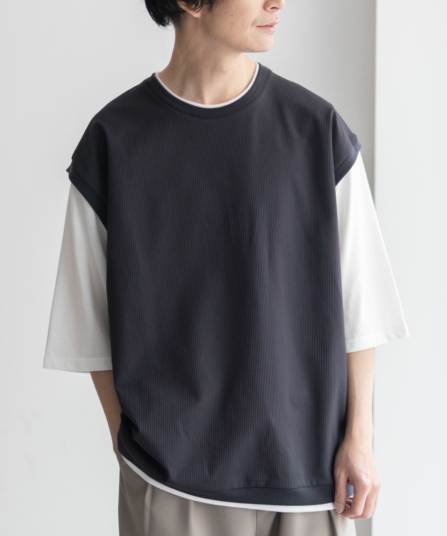 URBAN COLLECTION カットサッカーベストレイヤードTシャツ メンズ