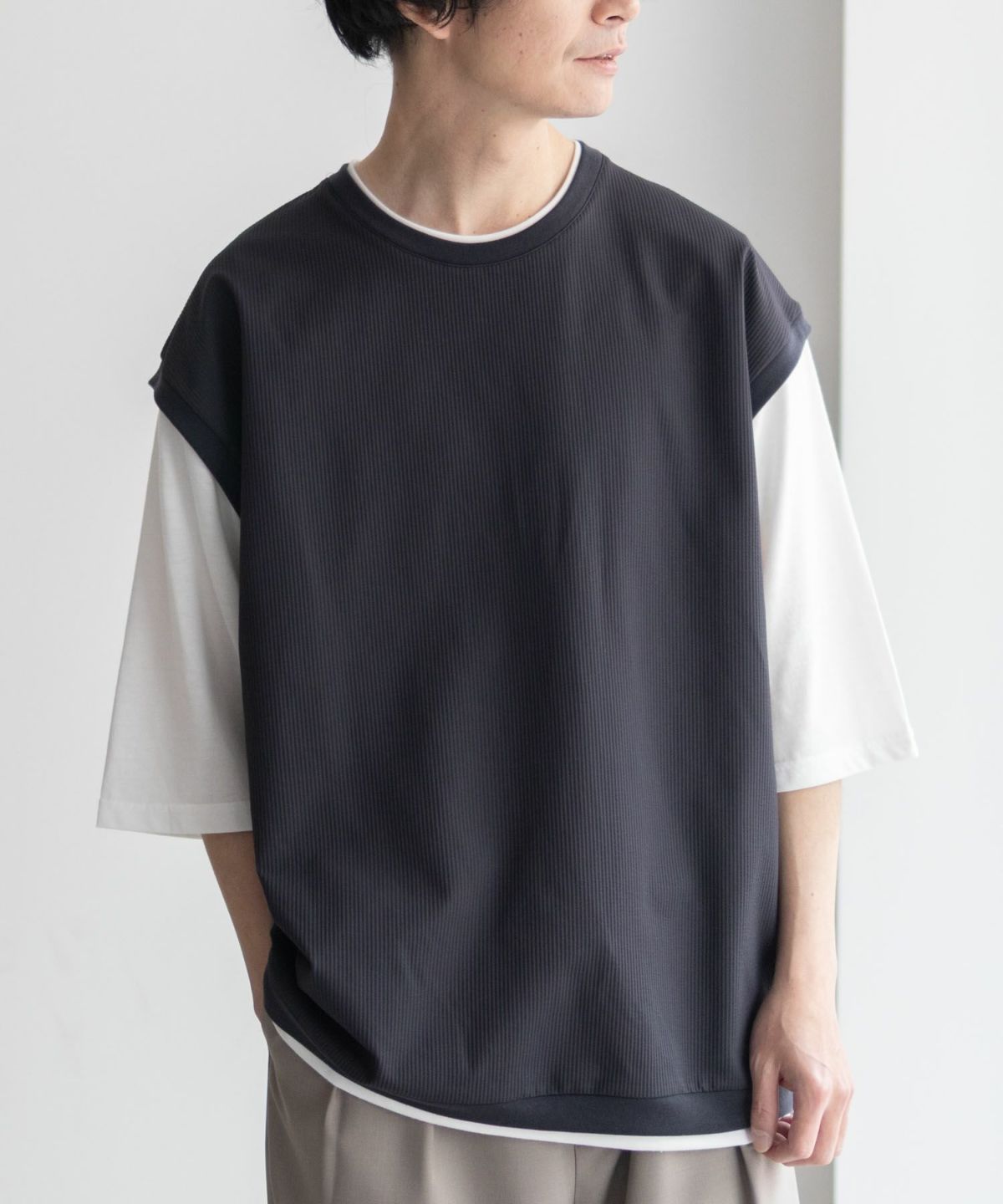 URBAN COLLECTION カットサッカーベストレイヤードTシャツ メンズ