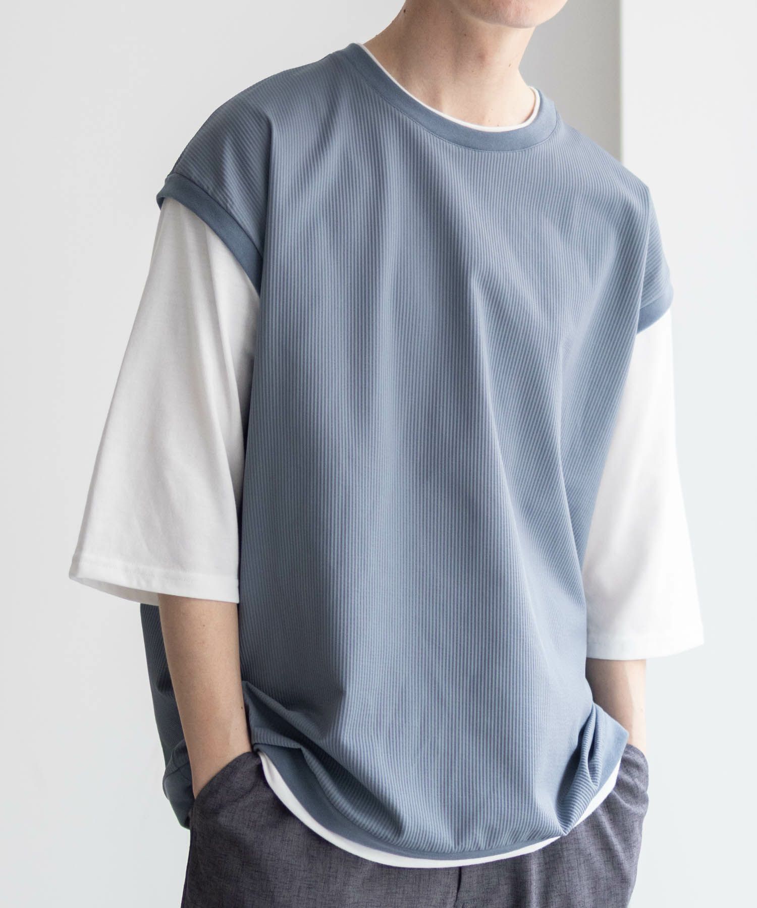 URBAN COLLECTION  カットサッカーベストレイヤードTシャツ メンズ商品画像-3