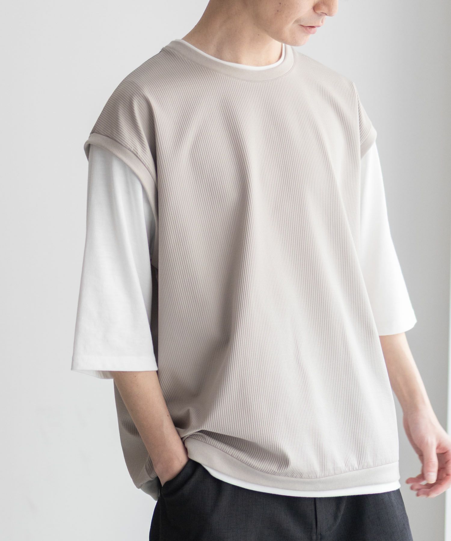 URBAN COLLECTION カットサッカーベストレイヤードTシャツ メンズ