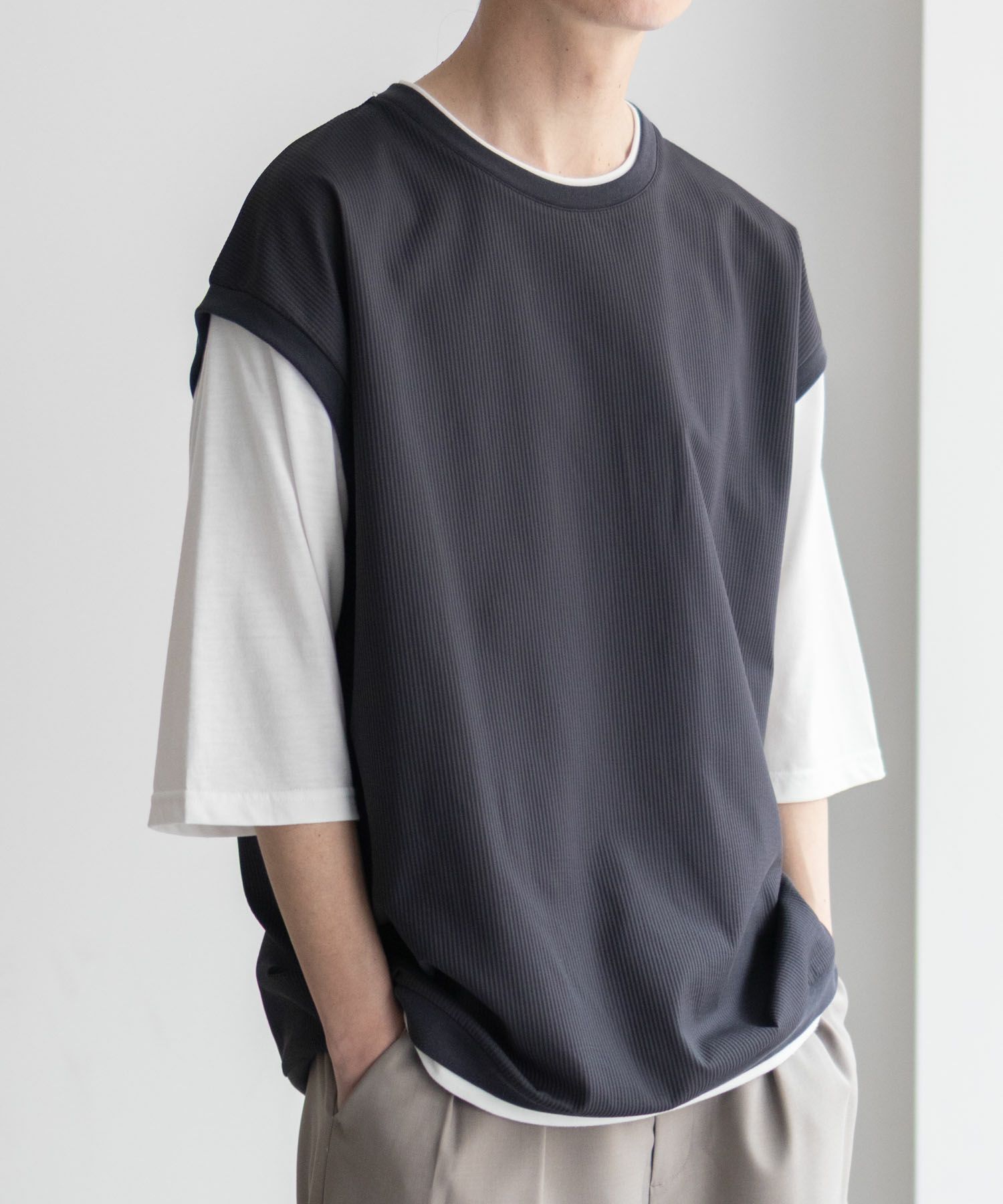 URBAN COLLECTION カットサッカーベストレイヤードTシャツ メンズ