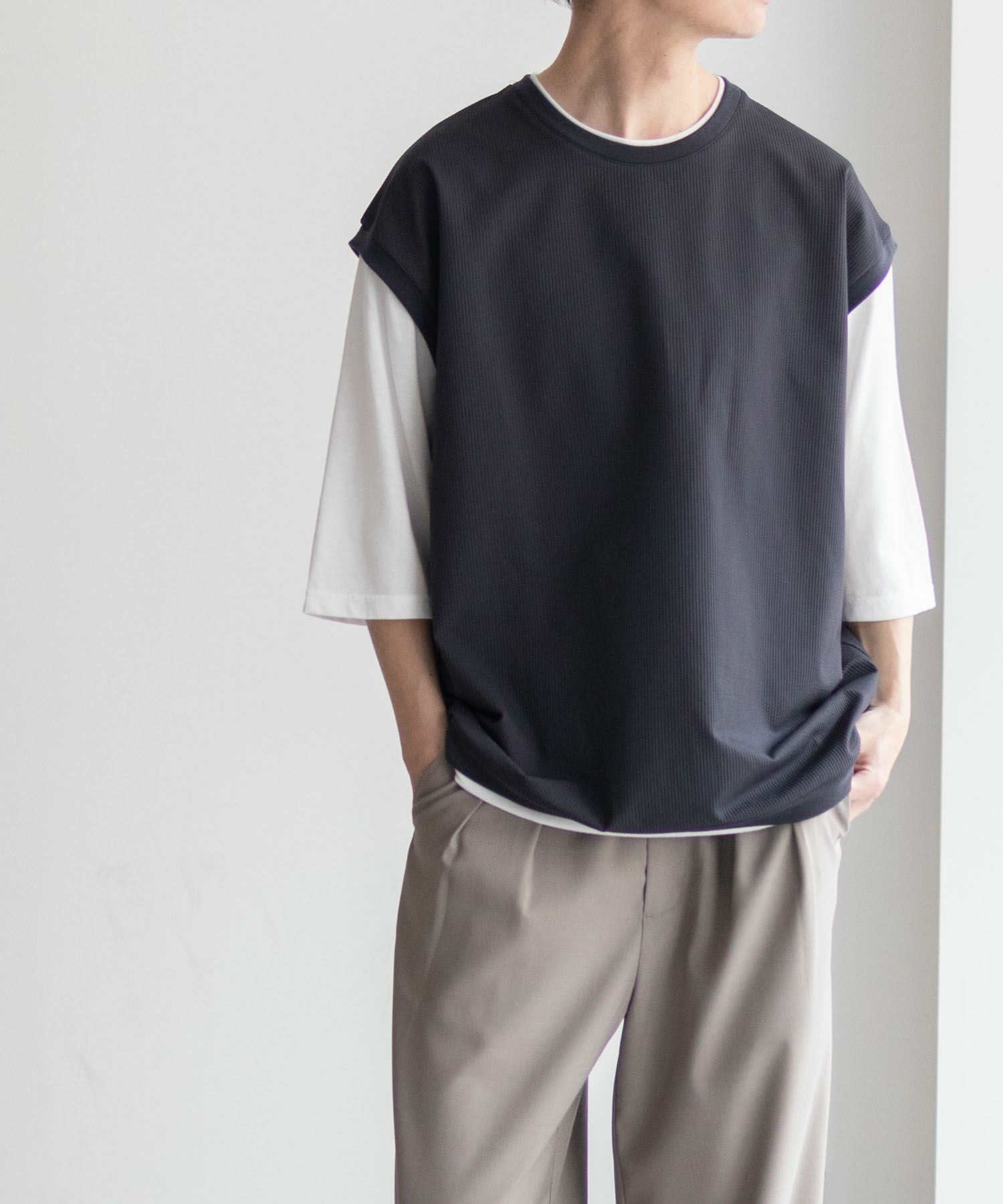 URBAN COLLECTION カットサッカーベストレイヤードTシャツ メンズ