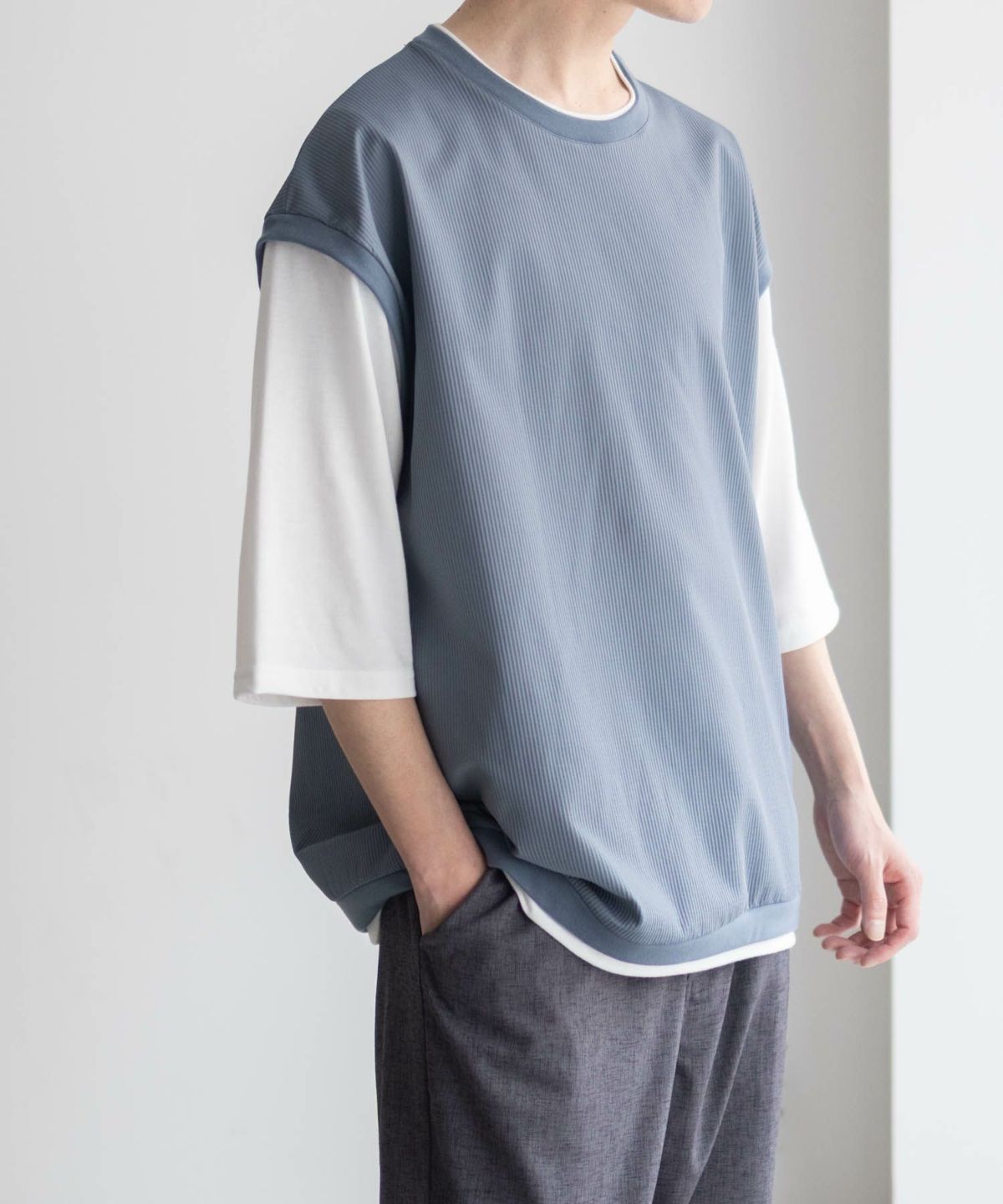 URBAN COLLECTION カットサッカーベストレイヤードTシャツ メンズ