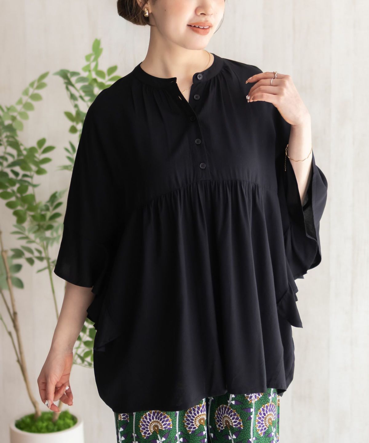 Howdy Marie インドファブリック 袖フリルシャツ レディース