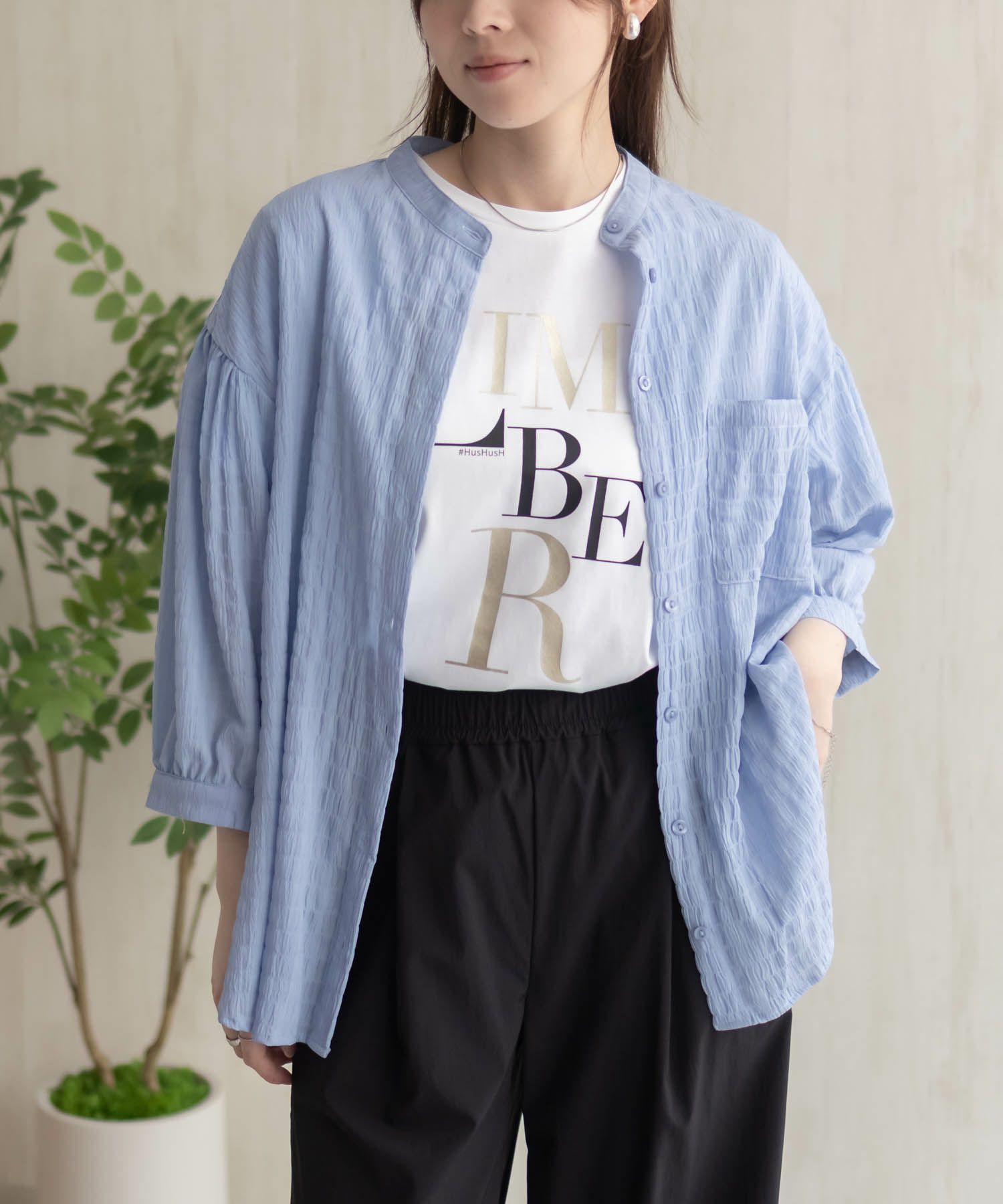 HusHusH バンドカラー7分袖ブラウス レディース