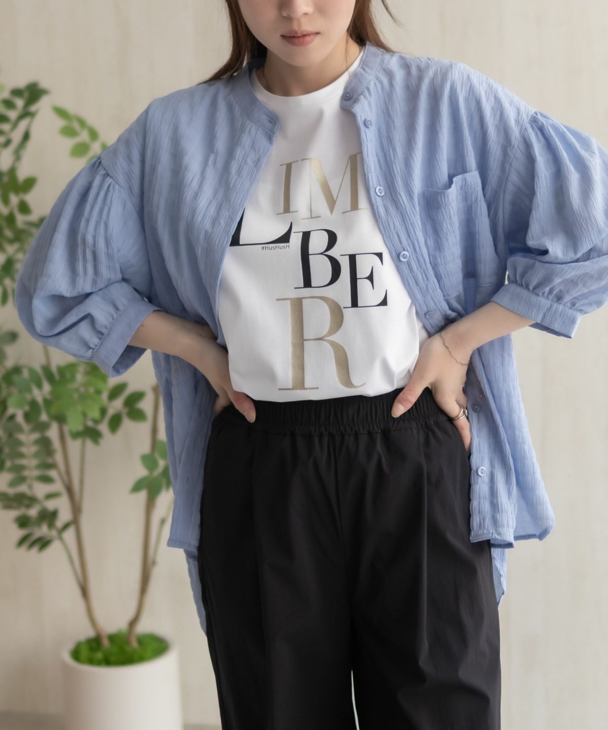 HusHusH バンドカラー7分袖ブラウス レディース