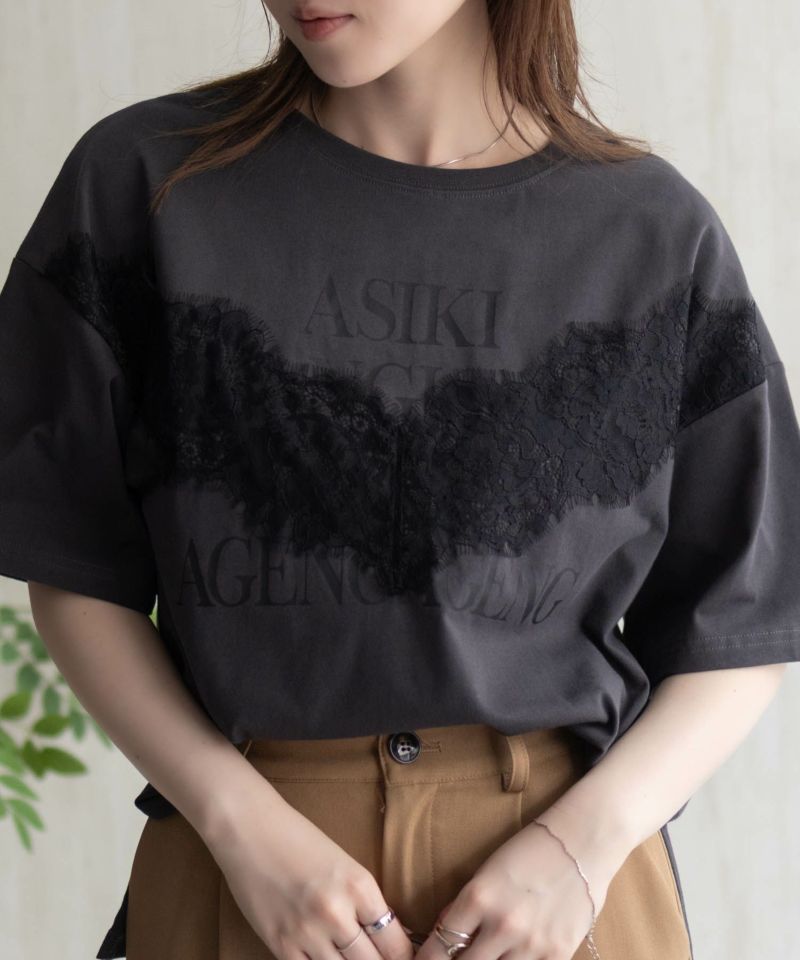 nAvy レース使いプリントTシャツ レディース