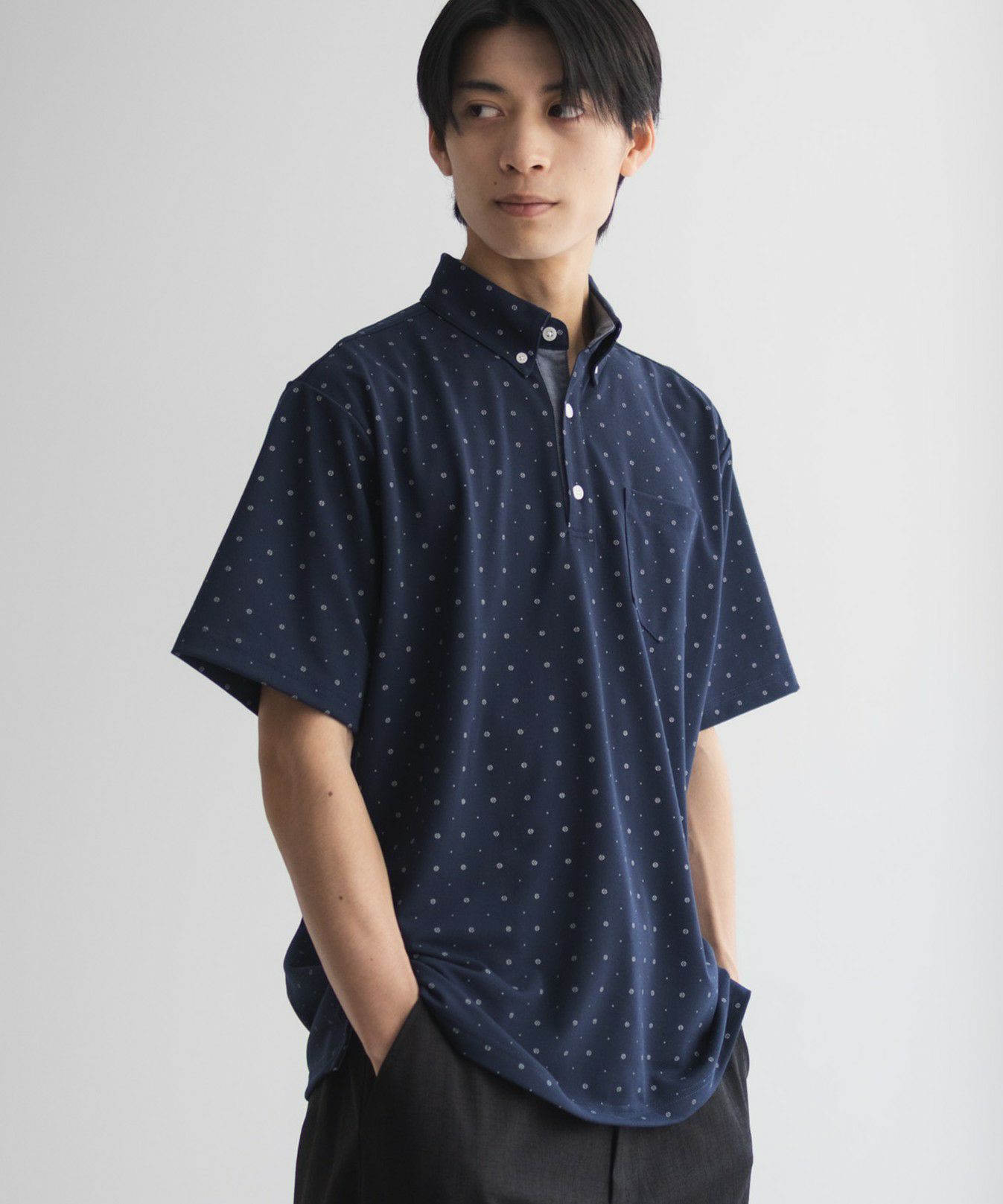 NAVY  小紋柄カットポロシャツ メンズ商品画像-1