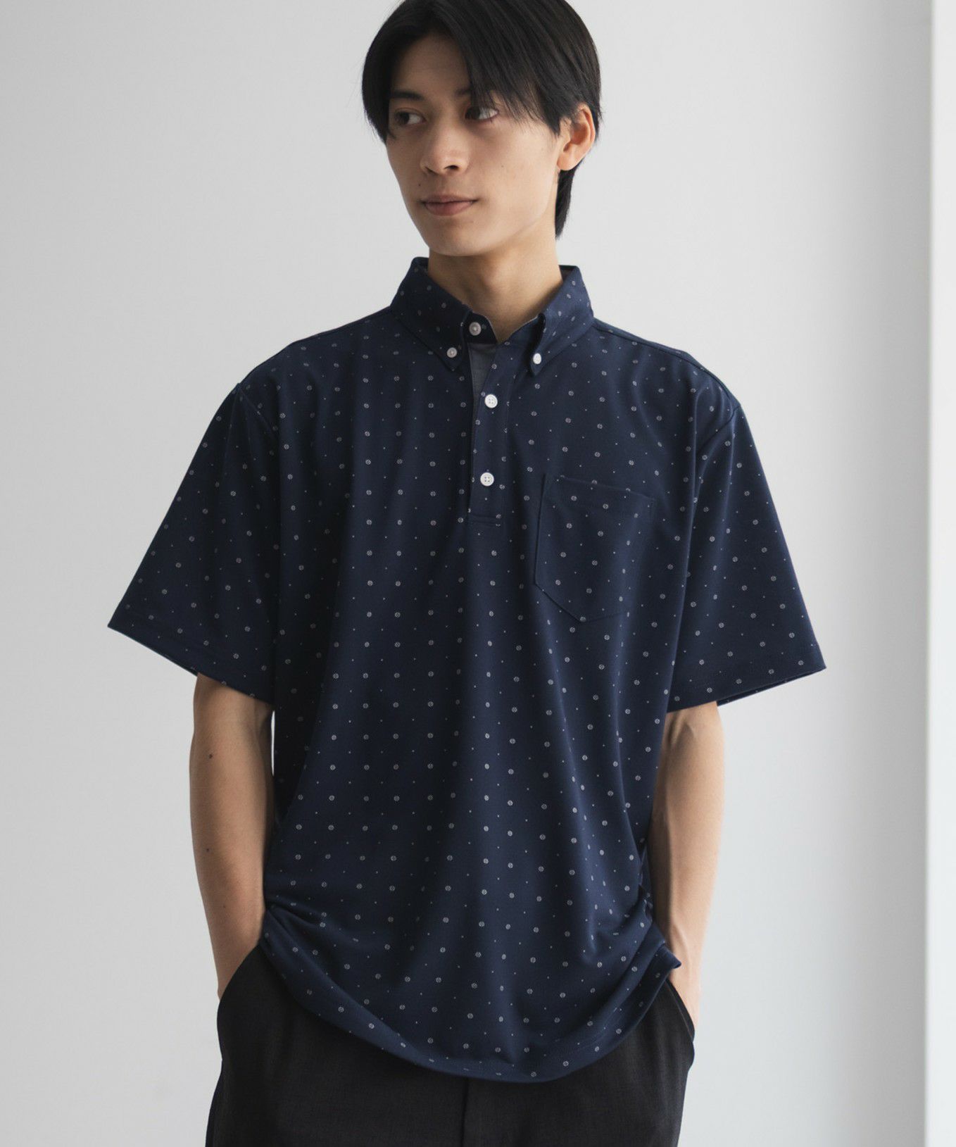 NAVY  小紋柄カットポロシャツ メンズ商品画像-3