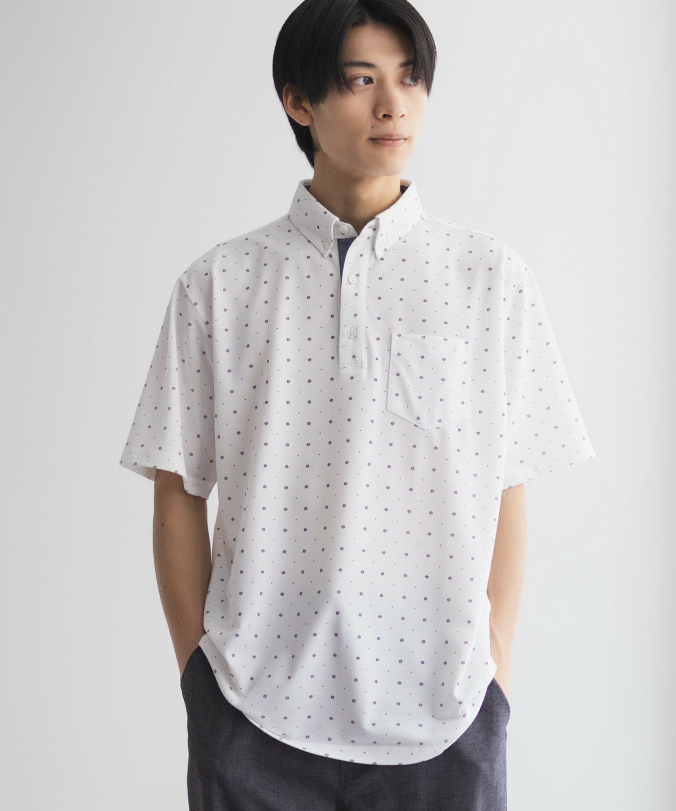 NAVY  小紋柄カットポロシャツ メンズ商品画像-9