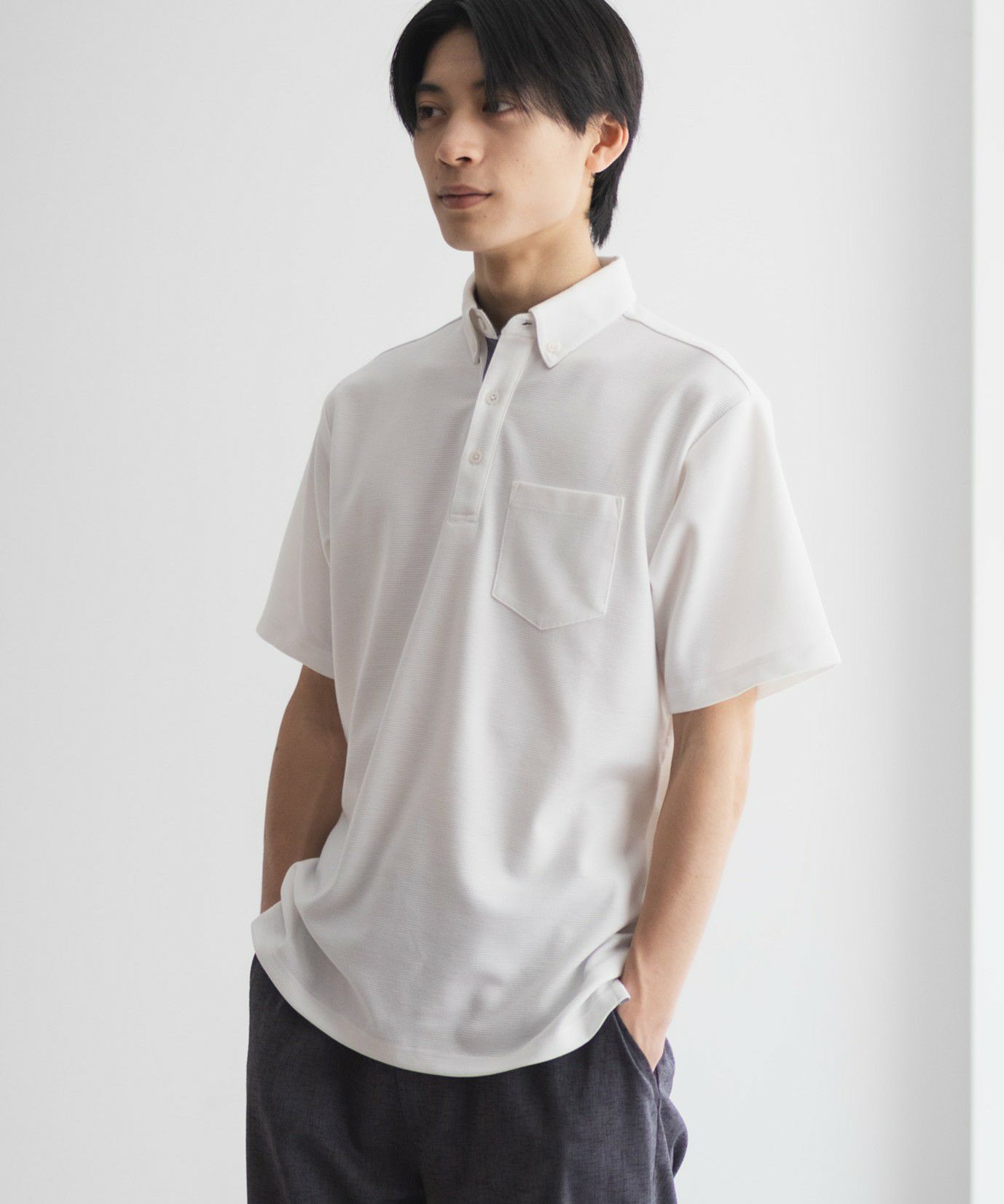 NAVY リップルボタンダウンカットポロシャツ メンズ